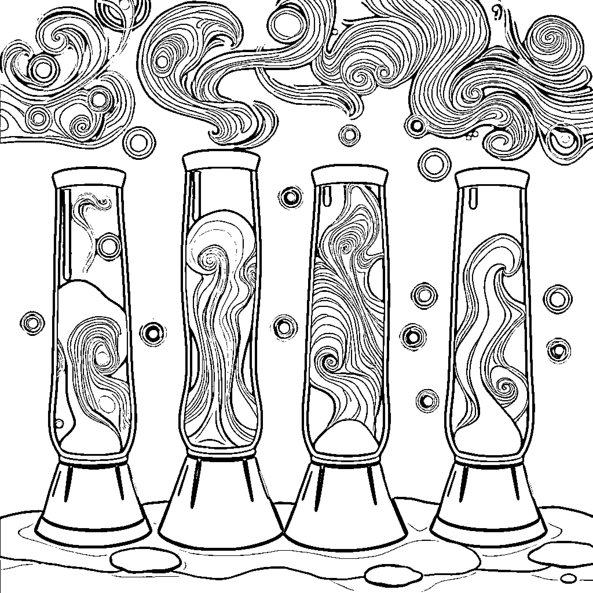 Lava Lamp Displays with Swirling Motions Coloring Page (free black-and-white line drawing printable PDF for all, from beginners to advanced learners, including children, teens, adults, and seniors)
