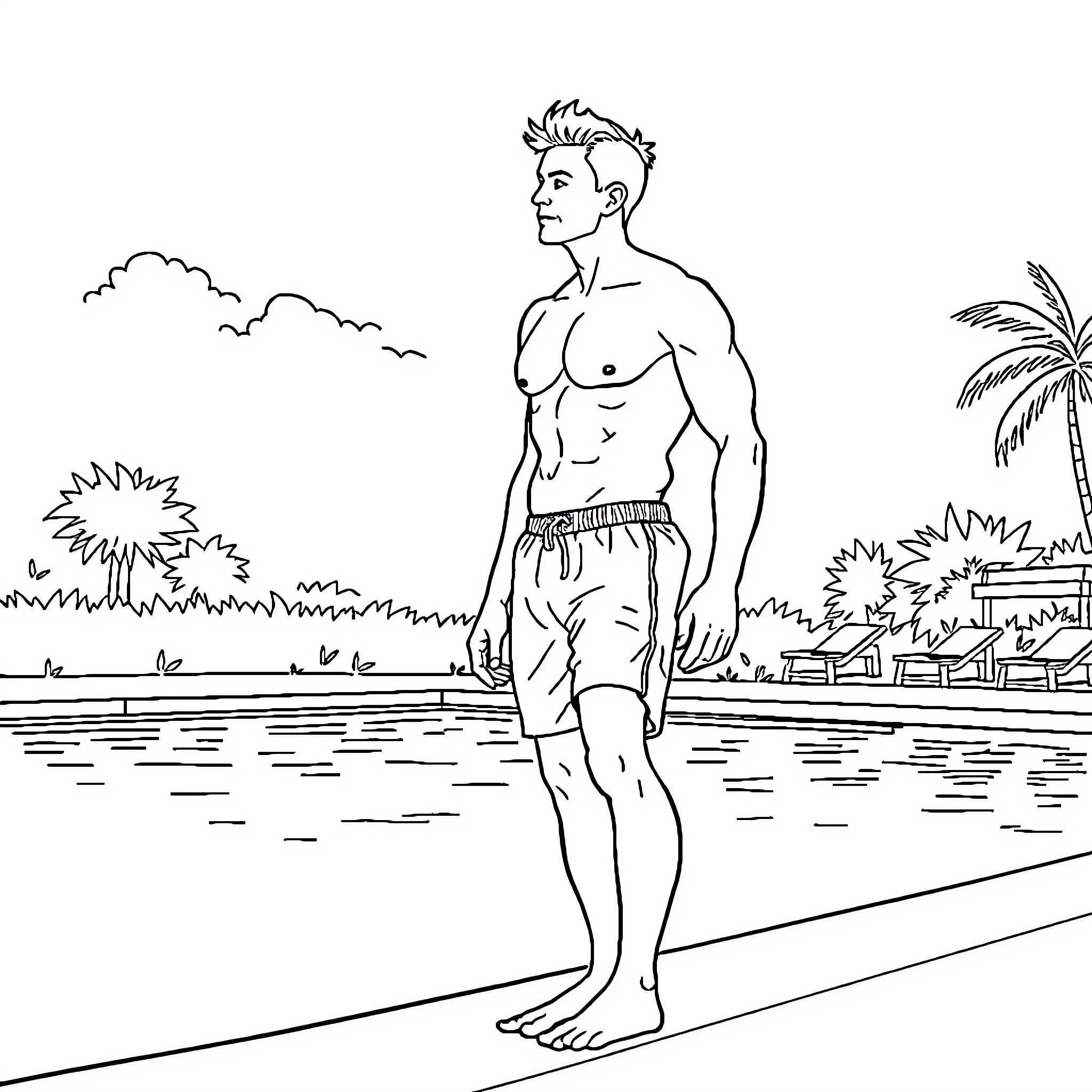 Man standing at the beach Coloring Page (free black-and-white line drawing printable PDF for all, from beginners to advanced learners, including children, teens, adults, and seniors)