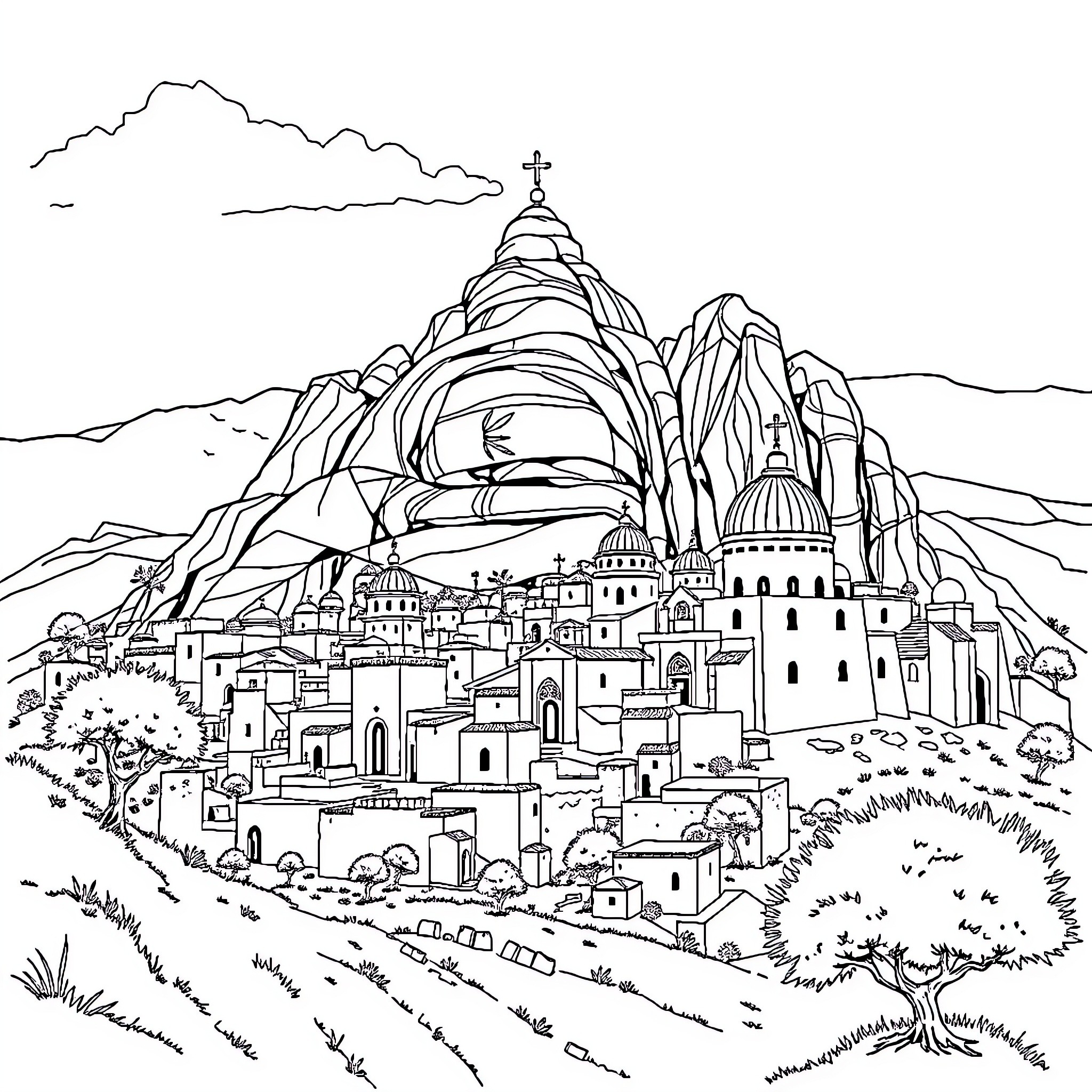 Lalibela - Intricate Architecture of an Ancient Ethiopian Town Coloring Page (free black-and-white line drawing printable PDF for all, from beginners to advanced learners, including children, teens, adults, and seniors)