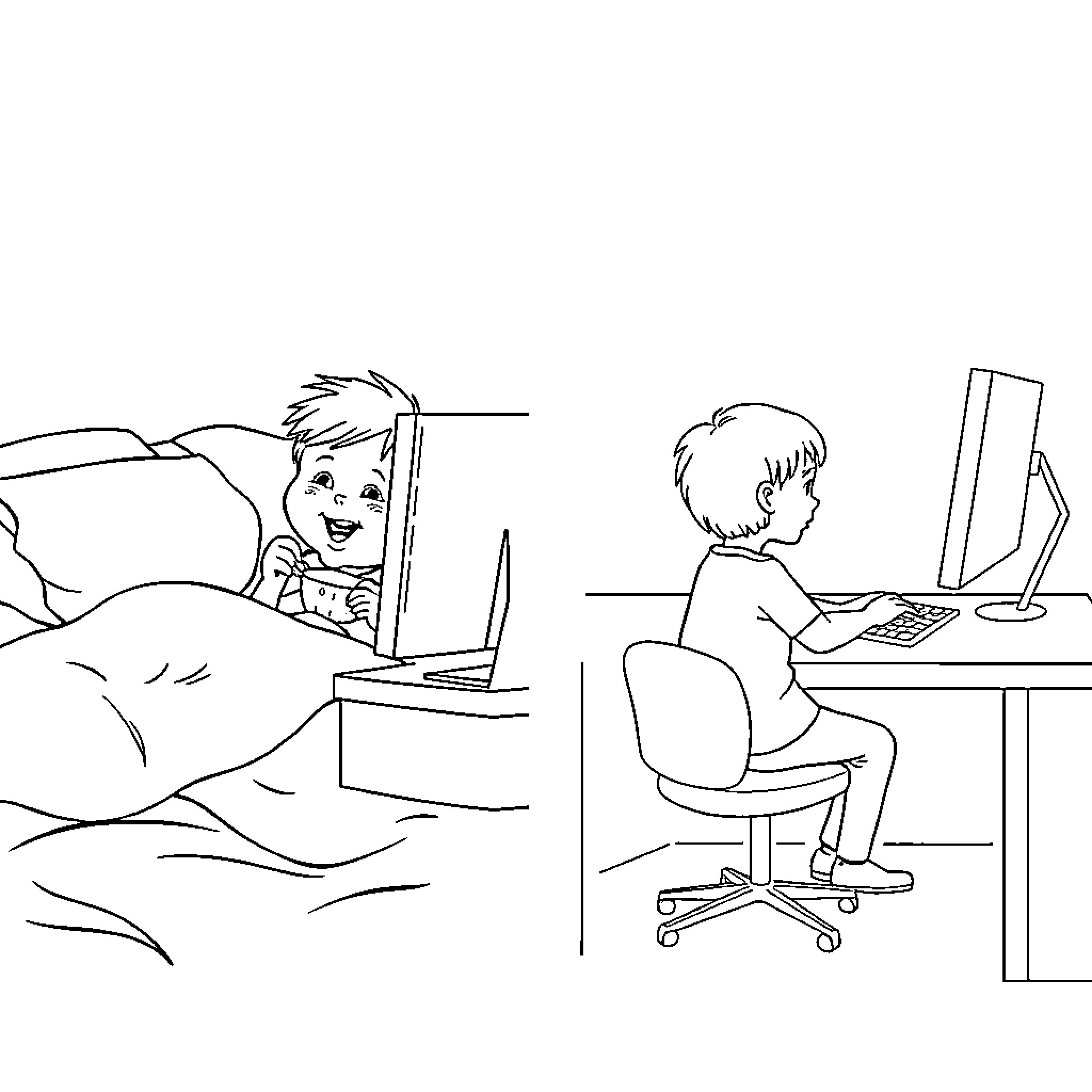 Child enjoying technology in various settings Coloring Page (free black-and-white line drawing printable PDF for all, from beginners to advanced learners, including children, teens, adults, and seniors)