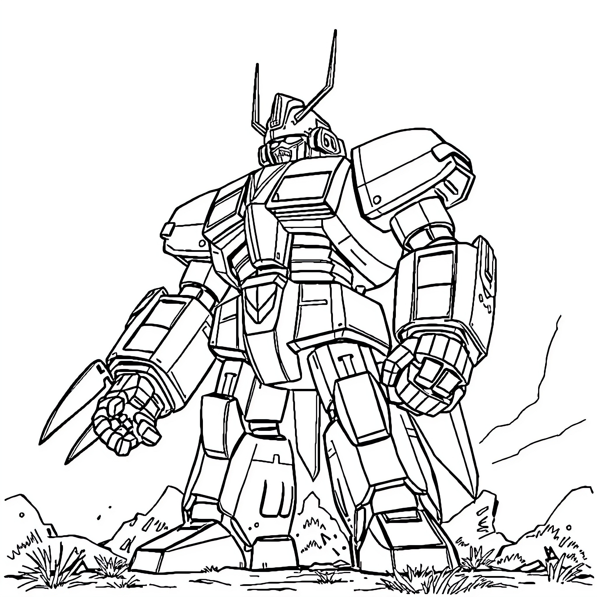 Goldorak giant robot in dramatic battle stance Coloring Page (free black-and-white line drawing printable PDF for all, from beginners to advanced learners, including children, teens, adults, and seniors)