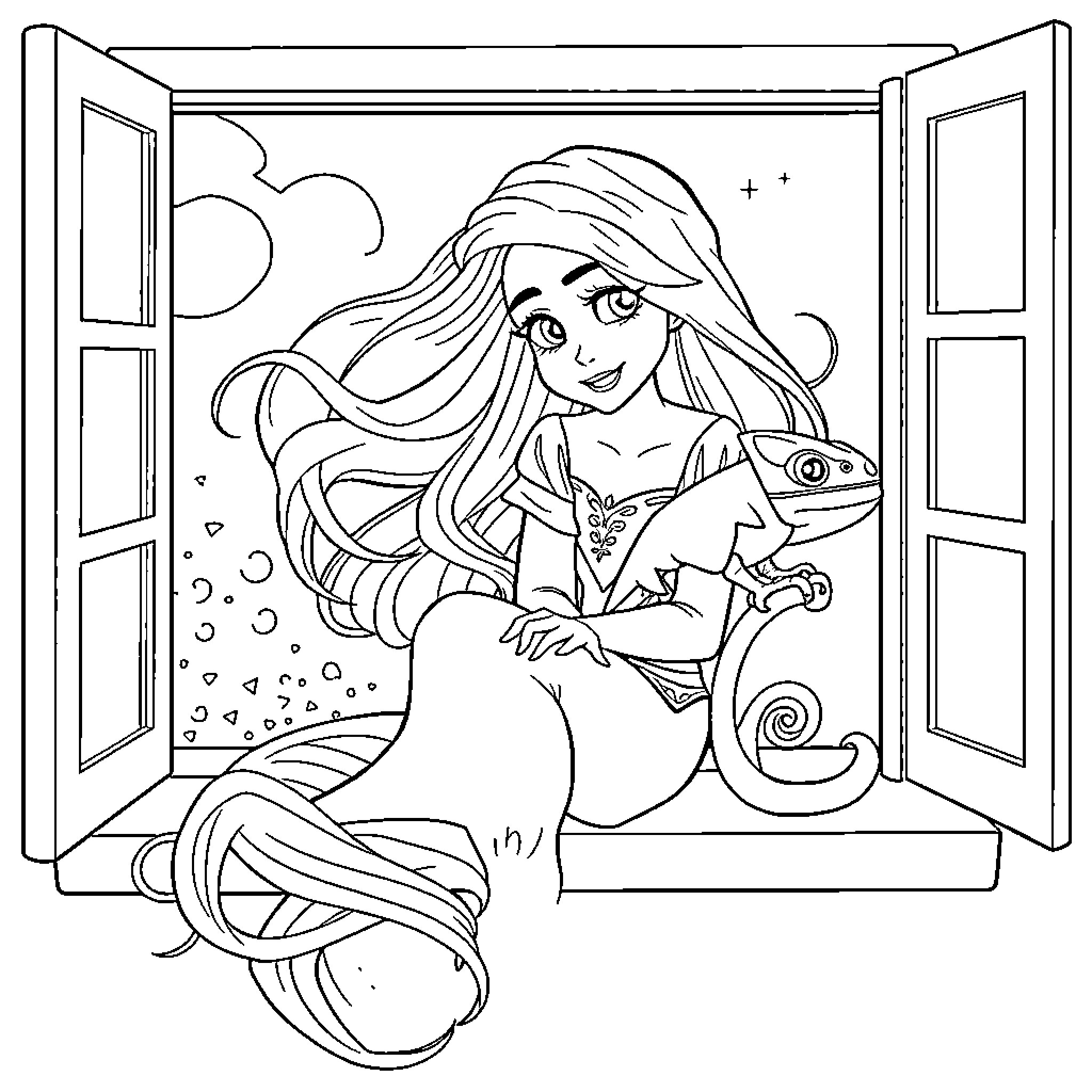 Rapunzel looking out the window with her chameleon Coloring Page (free black-and-white line drawing printable PDF for all, from beginners to advanced learners, including children, teens, adults, and seniors)