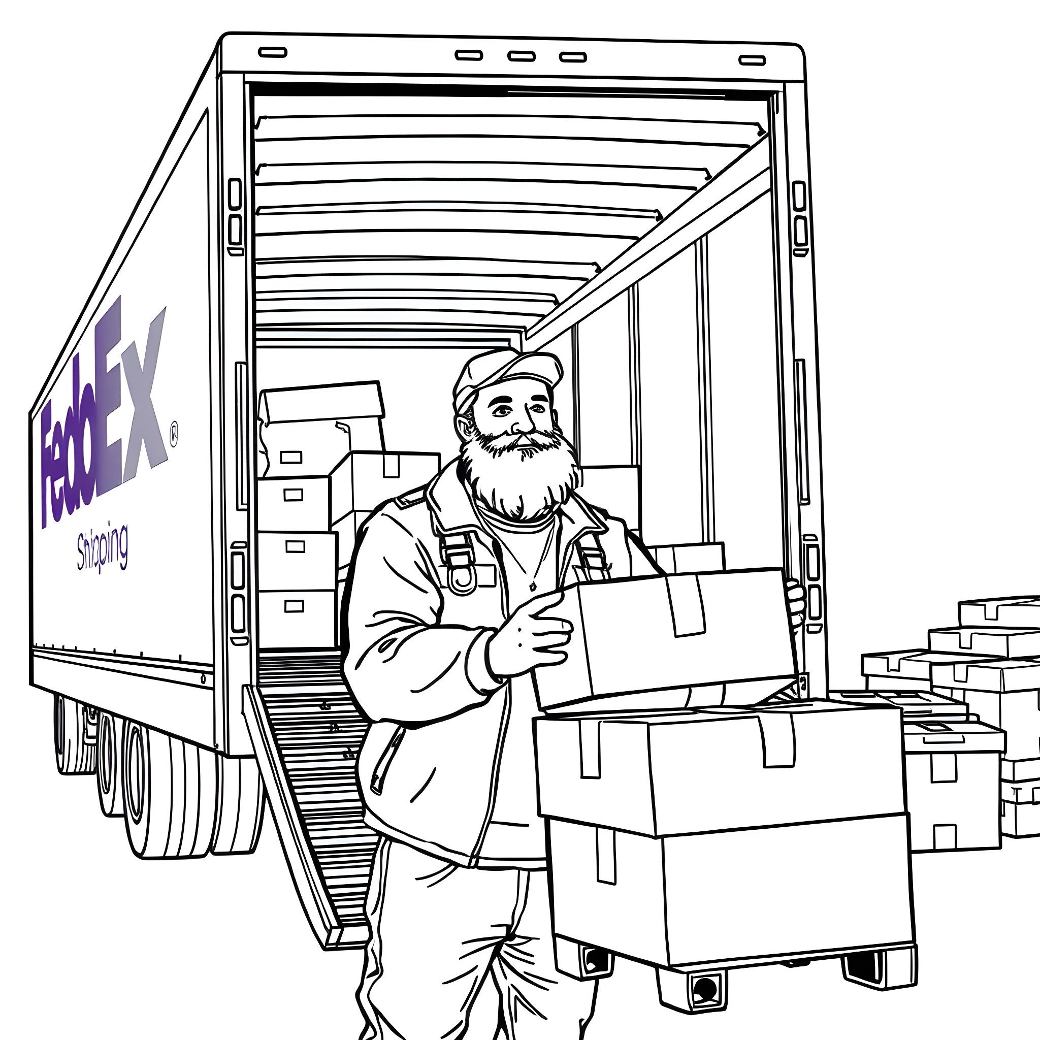 Bearded Man loading cargo onto truck Coloring Page (free black-and-white line drawing printable PDF for all, from beginners to advanced learners, including children, teens, adults, and seniors)
