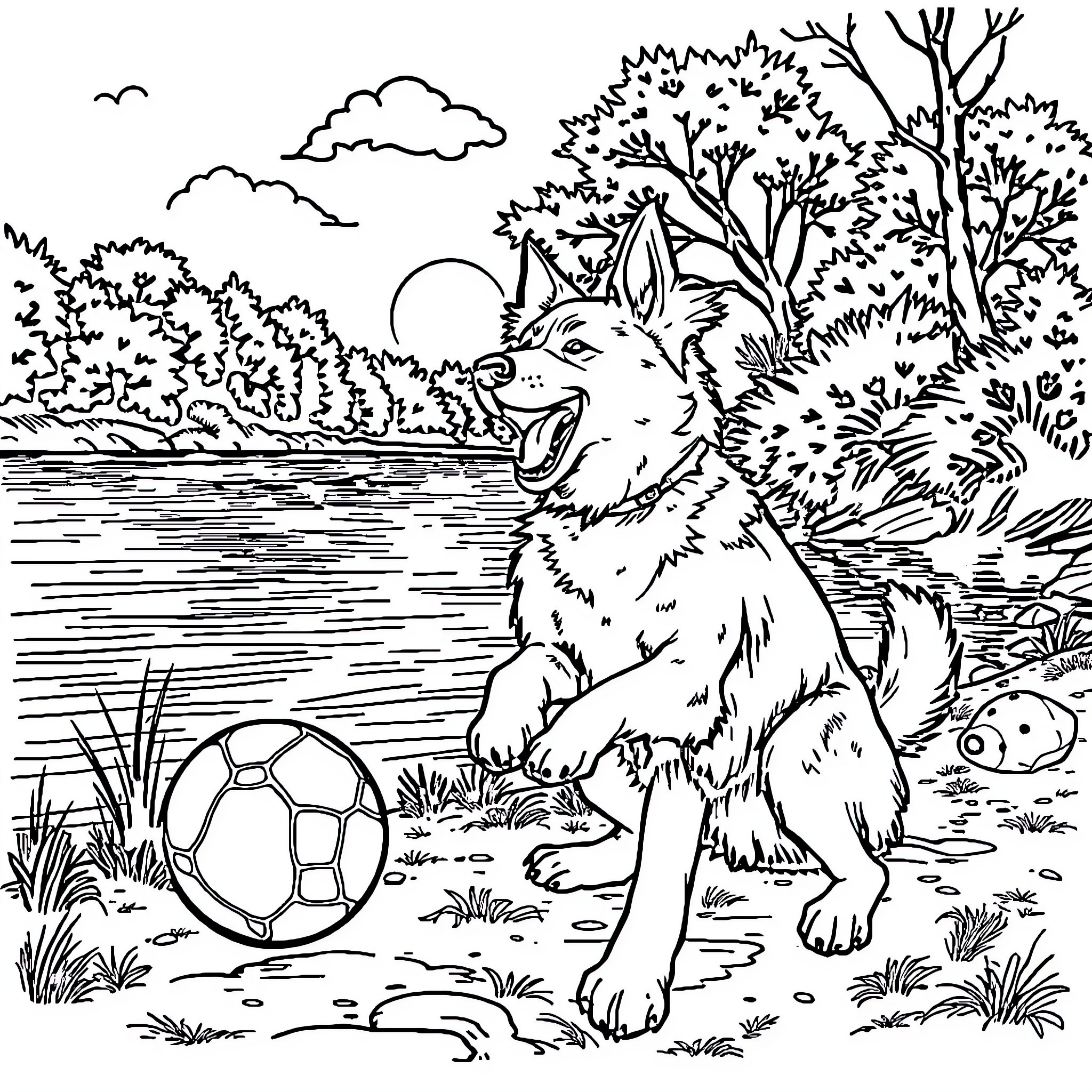 Dog playing with soccer ball by the lake Coloring Page (free black-and-white line drawing printable PDF for all, from beginners to advanced learners, including children, teens, adults, and seniors)