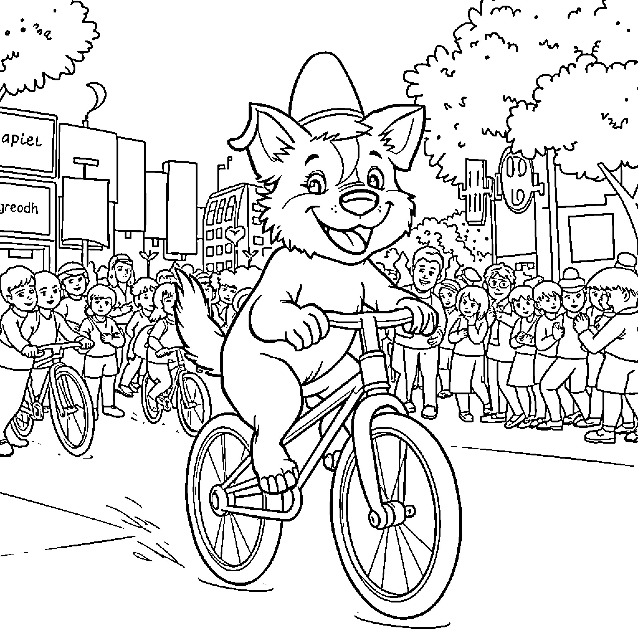 Dog Riding Bicycle in a City Parade Coloring Page (free black-and-white line drawing printable PDF for all, from beginners to advanced learners, including children, teens, adults, and seniors)