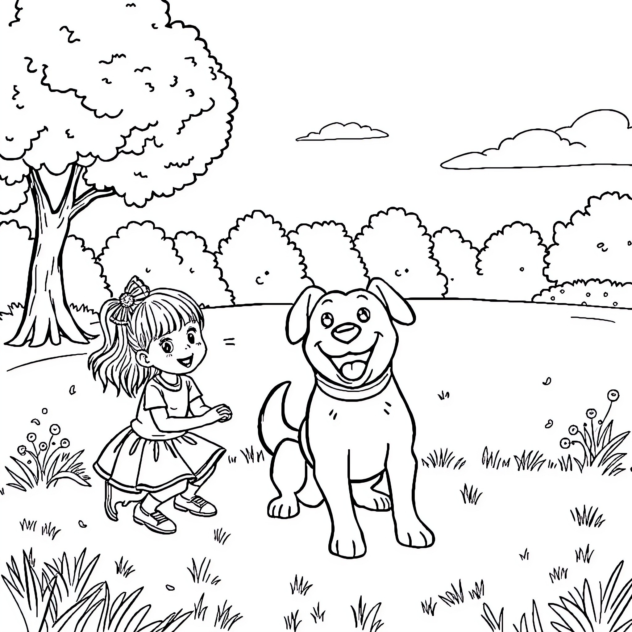 Dog and girl playing in the park Coloring Page (free black-and-white line drawing printable PDF for all, from beginners to advanced learners, including children, teens, adults, and seniors)