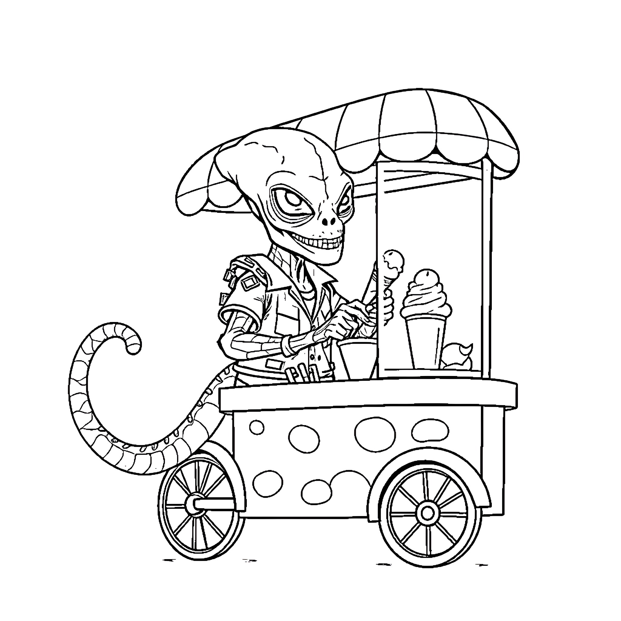 Alien running an ice cream cart Coloring Page (free black-and-white line drawing printable PDF for all, from beginners to advanced learners, including children, teens, adults, and seniors)