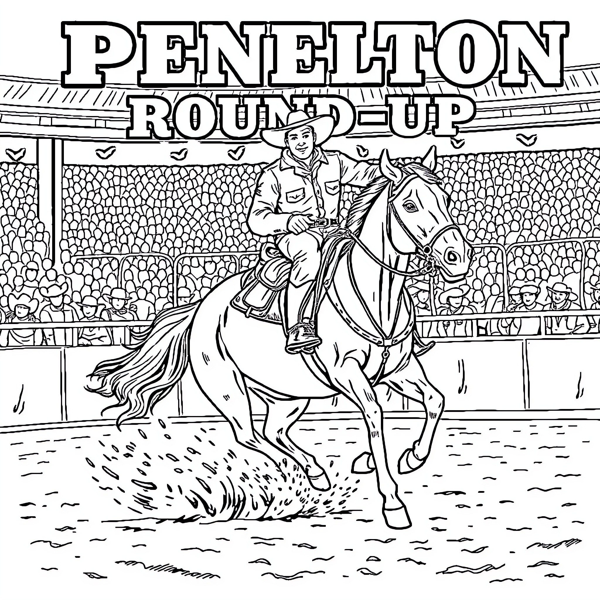 Horse and rider performing at Peneleton round-up Coloring Page (free black-and-white line drawing printable PDF for all, from beginners to advanced learners, including children, teens, adults, and seniors)