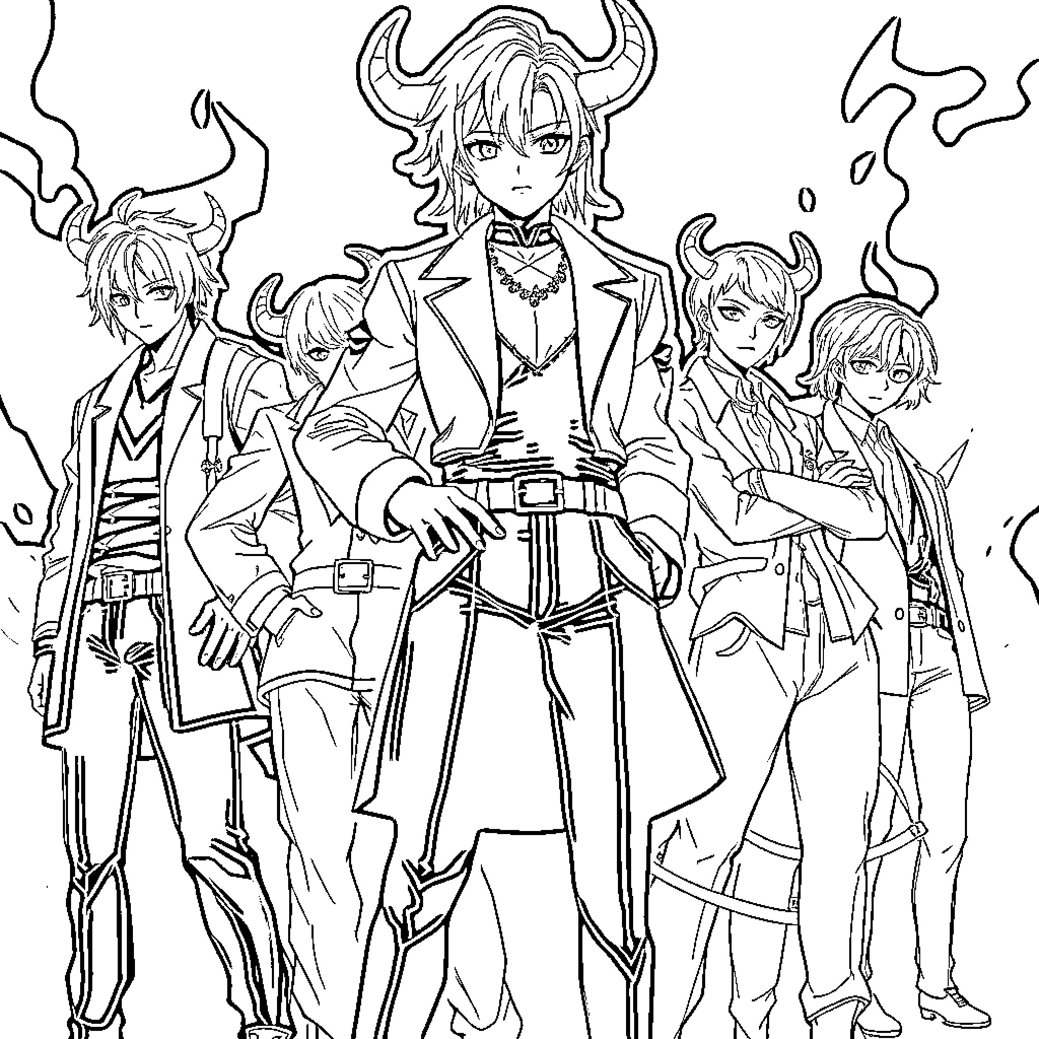 Jinu and the Mysterious Group of Individuals Coloring Page (free black-and-white line drawing printable PDF for all, from beginners to advanced learners, including children, teens, adults, and seniors)