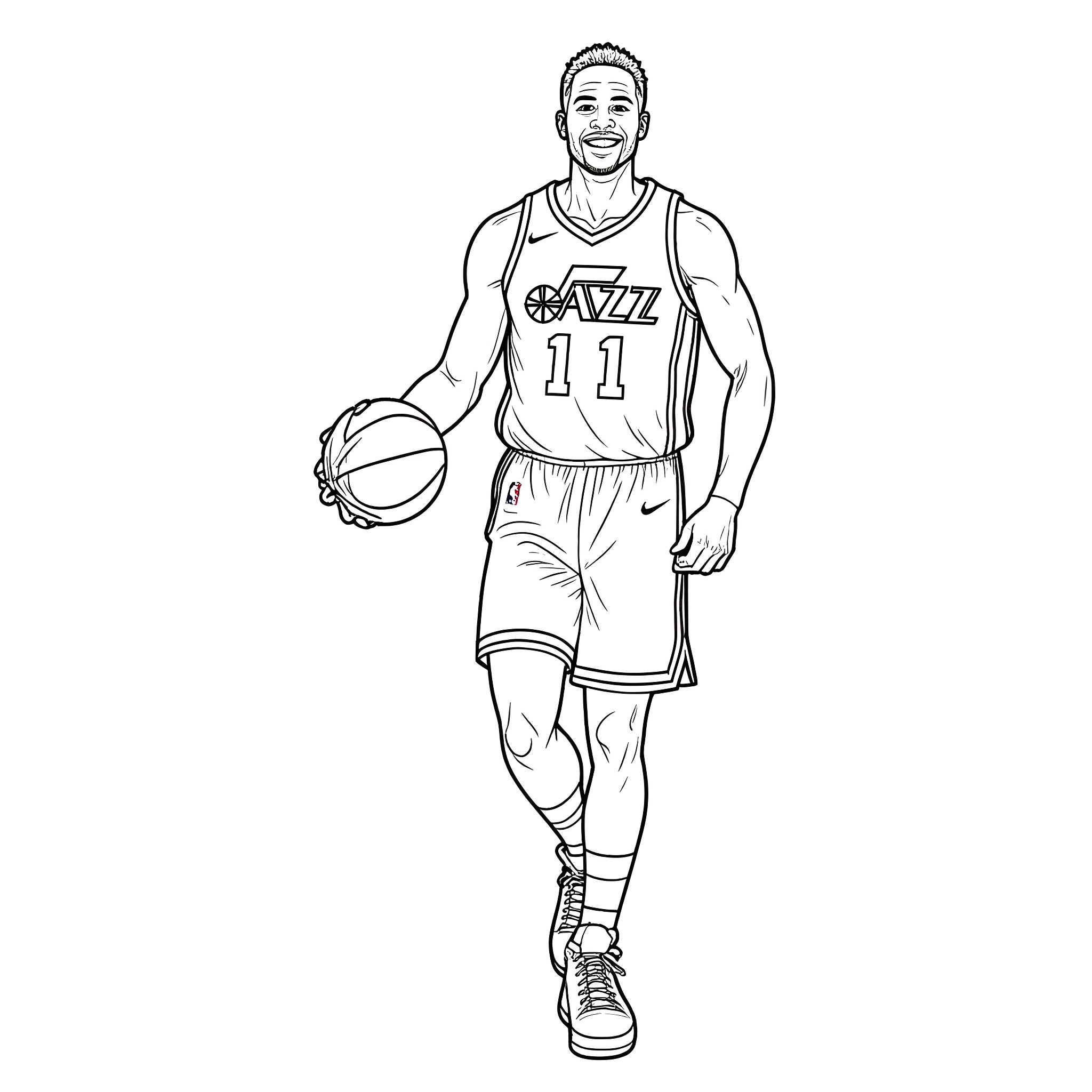 Utah Jazz player dribbling basketball Coloring Page (free black-and-white line drawing printable PDF for all, from beginners to advanced learners, including children, teens, adults, and seniors)