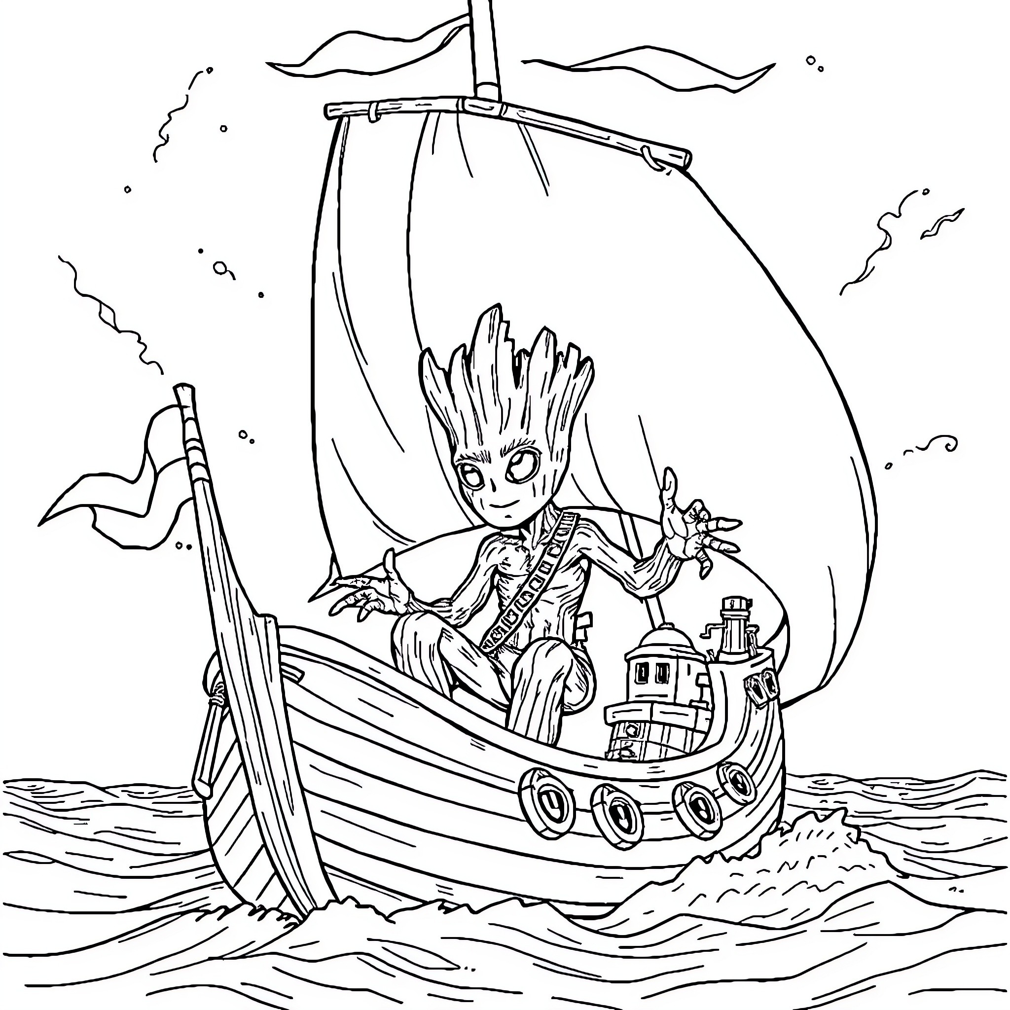 Groot's Adventurous Voyage at Sea Coloring Page (free black-and-white line drawing printable PDF for all, from beginners to advanced learners, including children, teens, adults, and seniors)