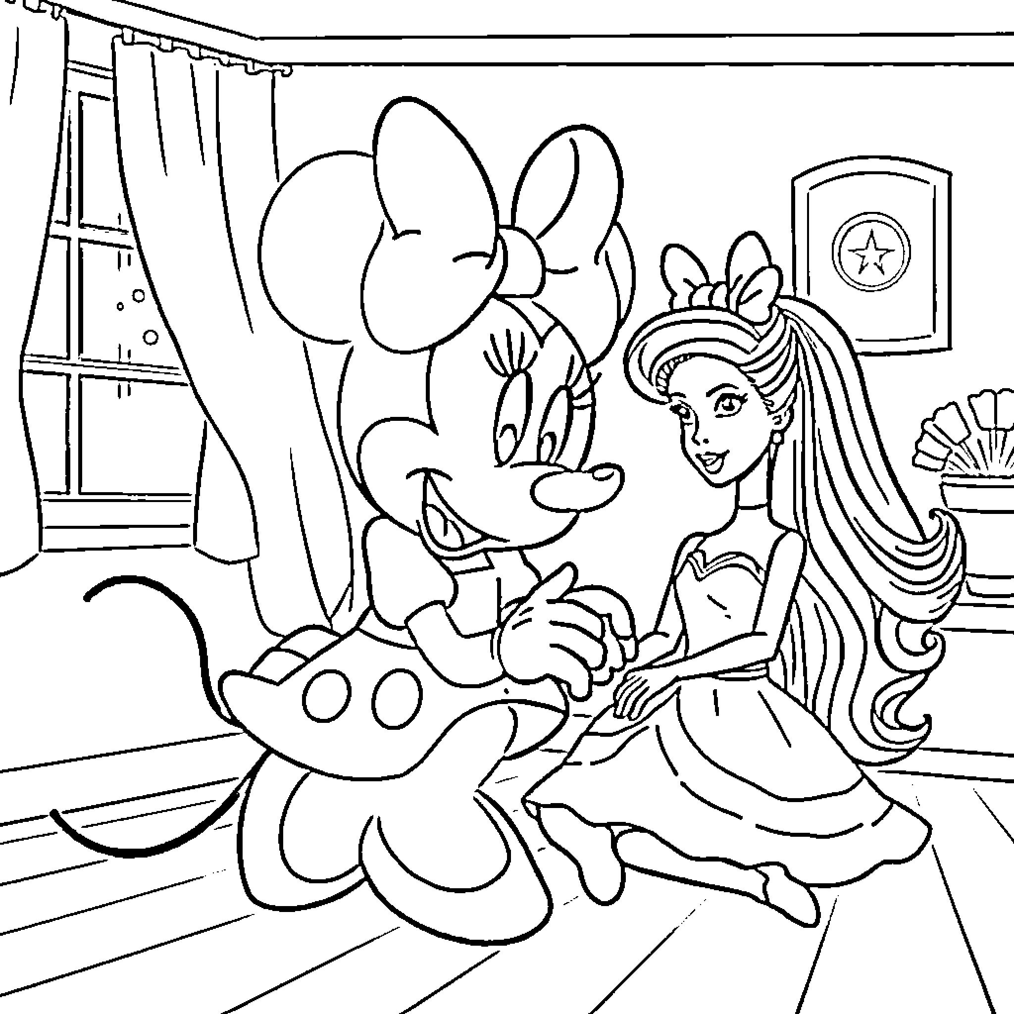 Minnie Mouse dancing with a girl in a dress Coloring Page (free black-and-white line drawing printable PDF for all, from beginners to advanced learners, including children, teens, adults, and seniors)