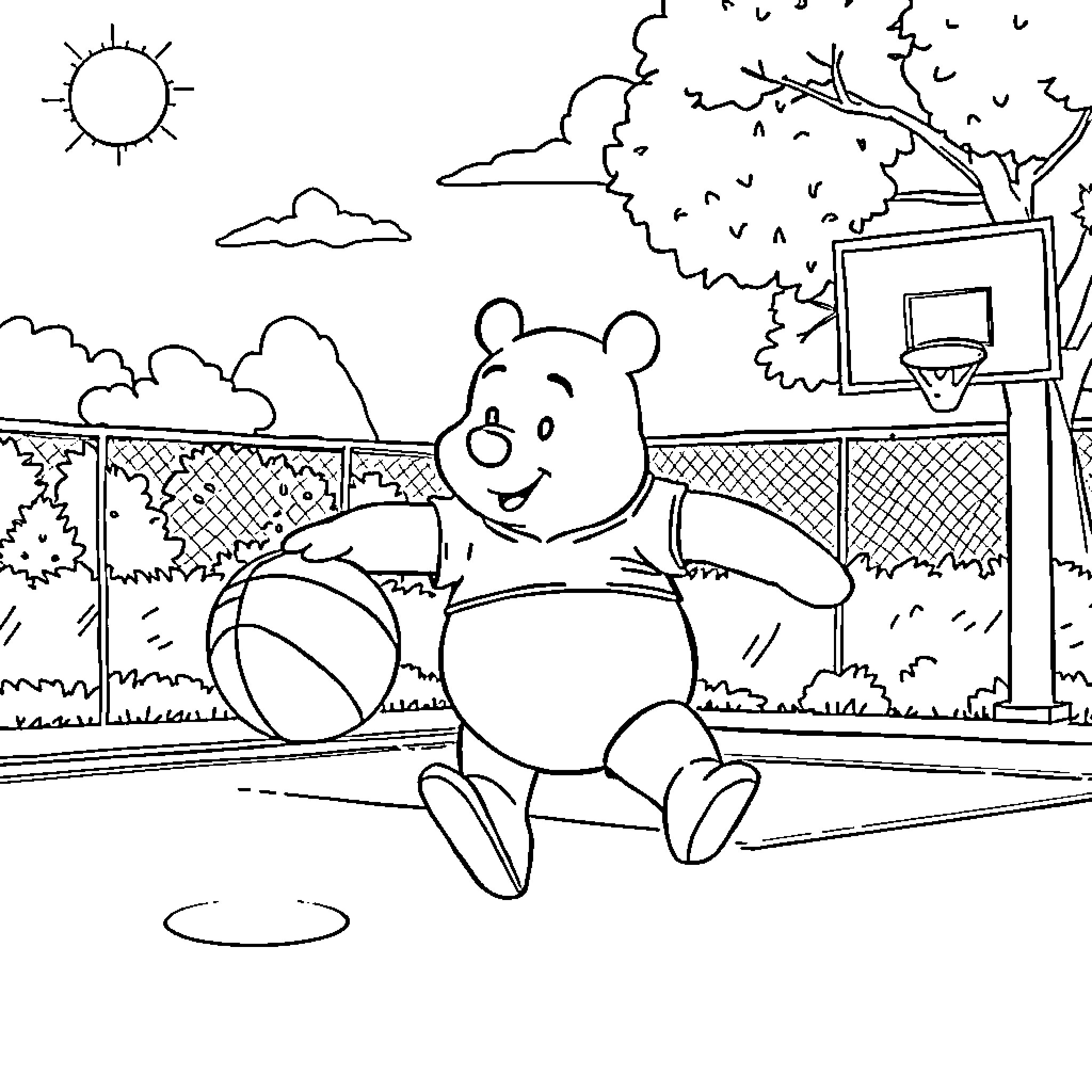 Pooh playing happily in the basketball court Coloring Page (free black-and-white line drawing printable PDF for all, from beginners to advanced learners, including children, teens, adults, and seniors)