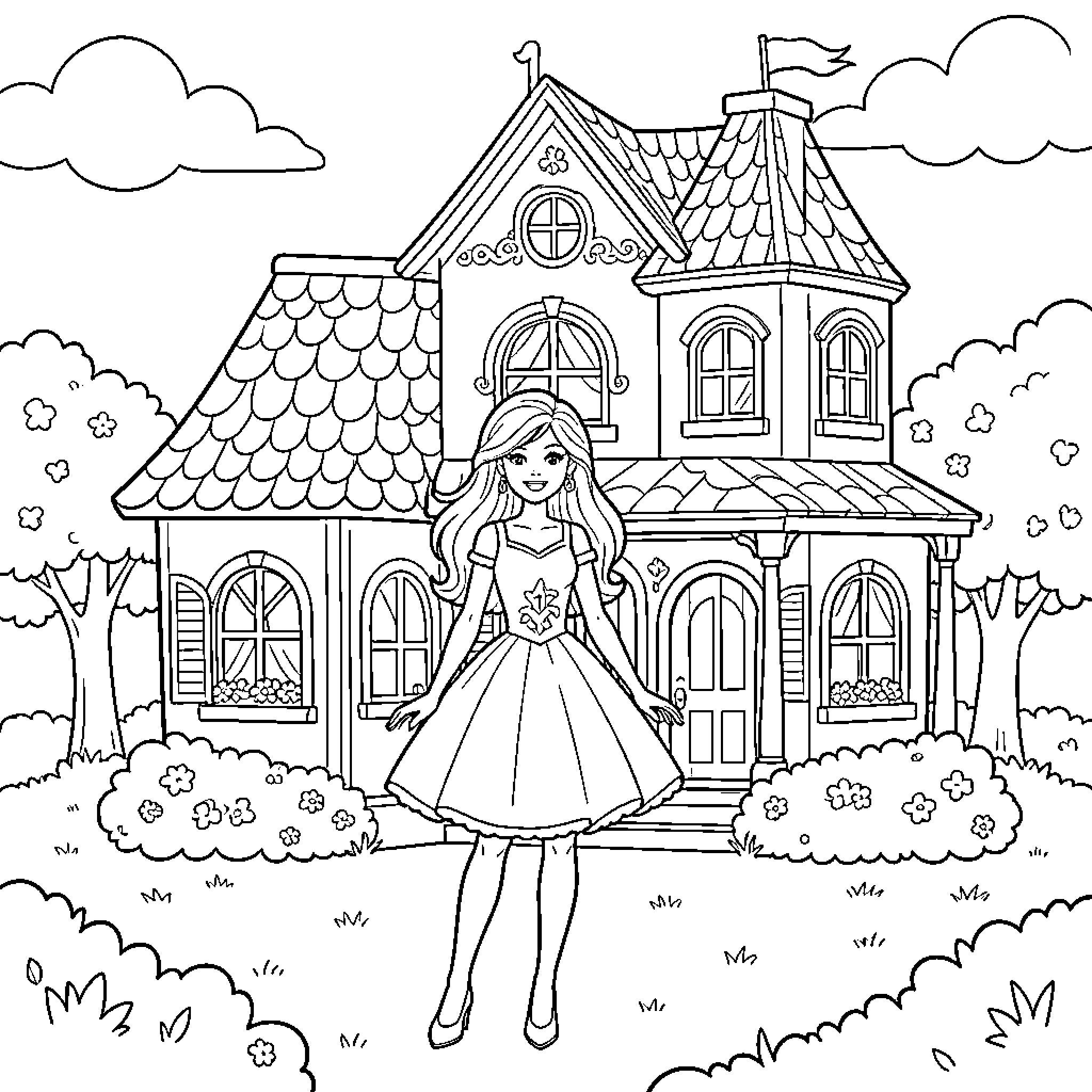 Barbie in a beautiful fairy-tale cottage Coloring Page (free black-and-white line drawing printable PDF for all, from beginners to advanced learners, including children, teens, adults, and seniors)