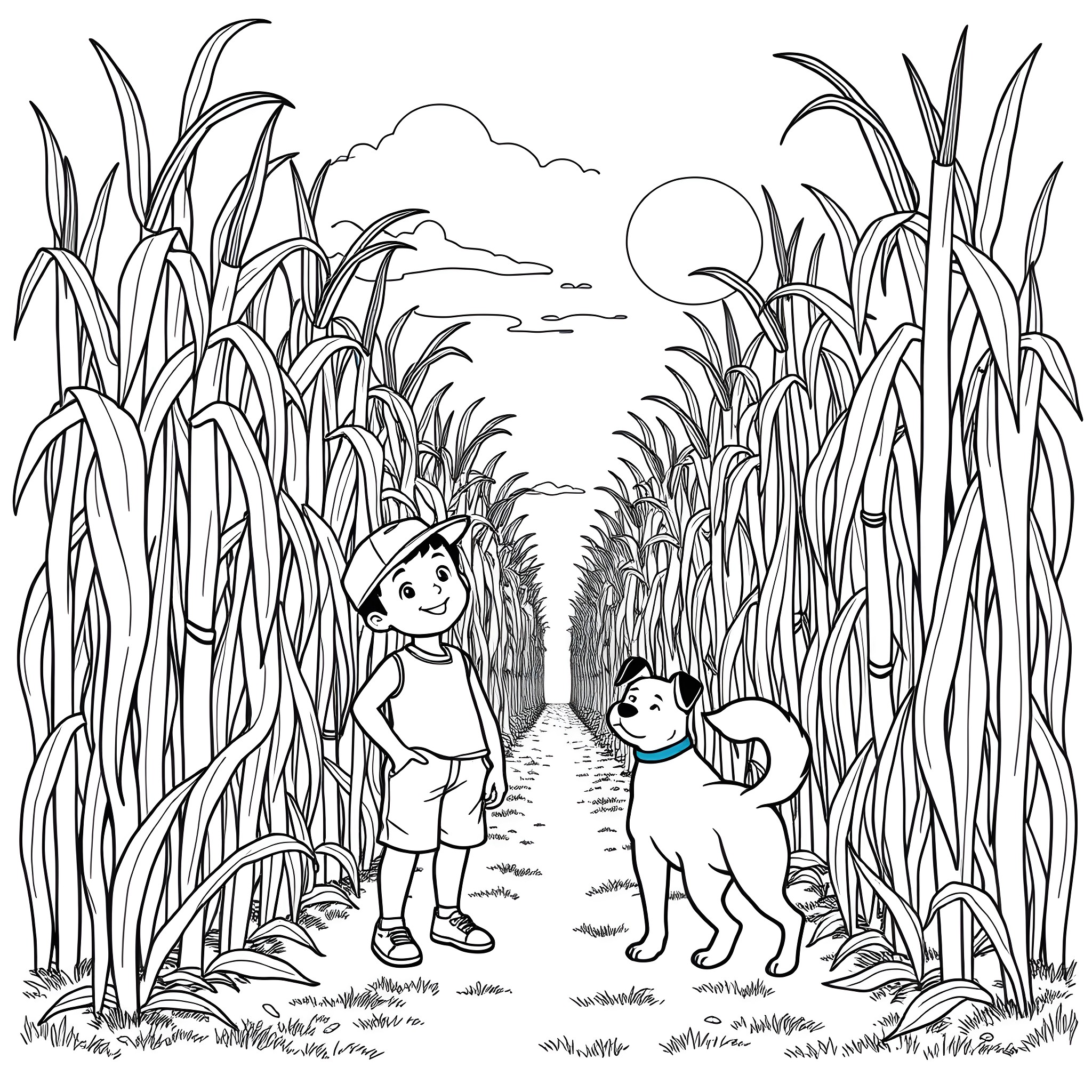 Boy and his dog exploring a cornfield Coloring Page (free black-and-white line drawing printable PDF for all, from beginners to advanced learners, including children, teens, adults, and seniors)