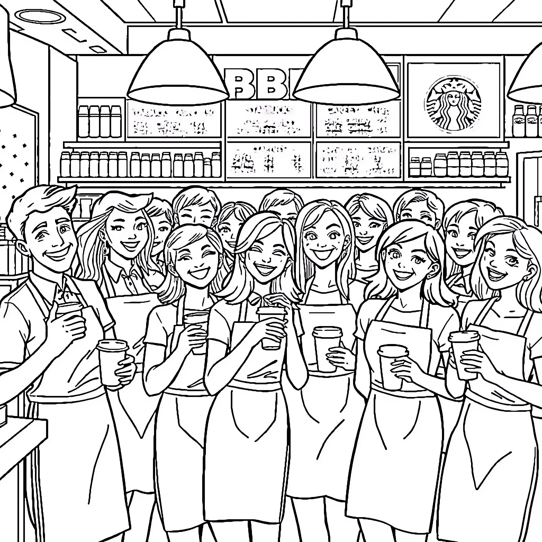 Barista team working together in a cafe Coloring Page (free black-and-white line drawing printable PDF for all, from beginners to advanced learners, including children, teens, adults, and seniors)