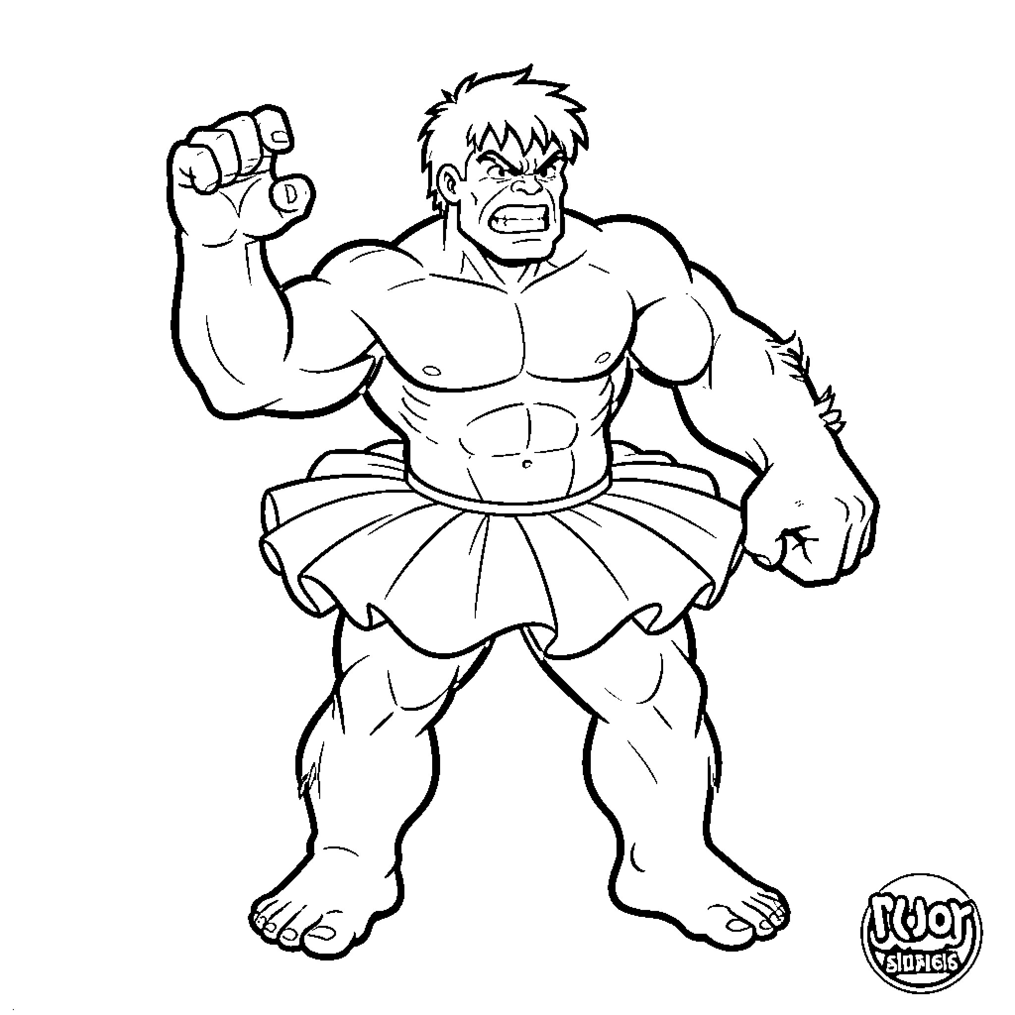 Hulk standing in a powerful pose with a fierce expression Coloring Page (free black-and-white line drawing printable PDF for all, from beginners to advanced learners, including children, teens, adults, and seniors)
