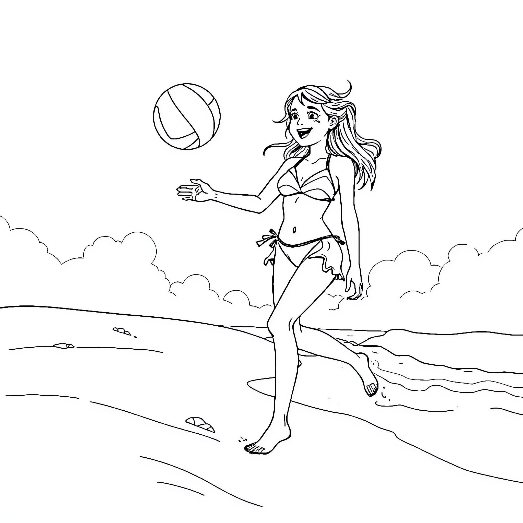 Girl playing with beach ball on sandy shore Coloring Page (free black-and-white line drawing printable PDF for all, from beginners to advanced learners, including children, teens, adults, and seniors)