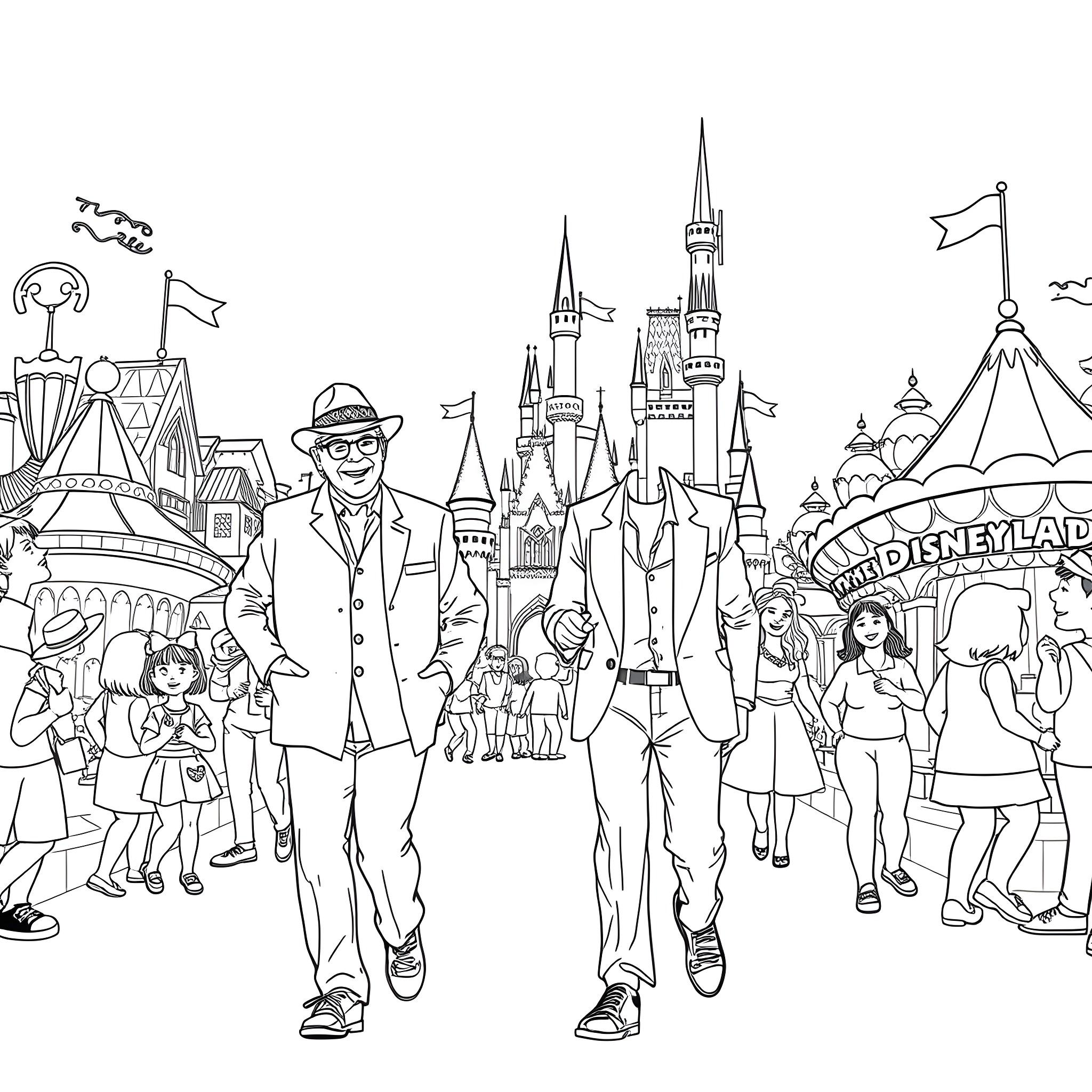 John Candy visiting Disneyland with family and friends Coloring Page (free black-and-white line drawing printable PDF for all, from beginners to advanced learners, including children, teens, adults, and seniors)
