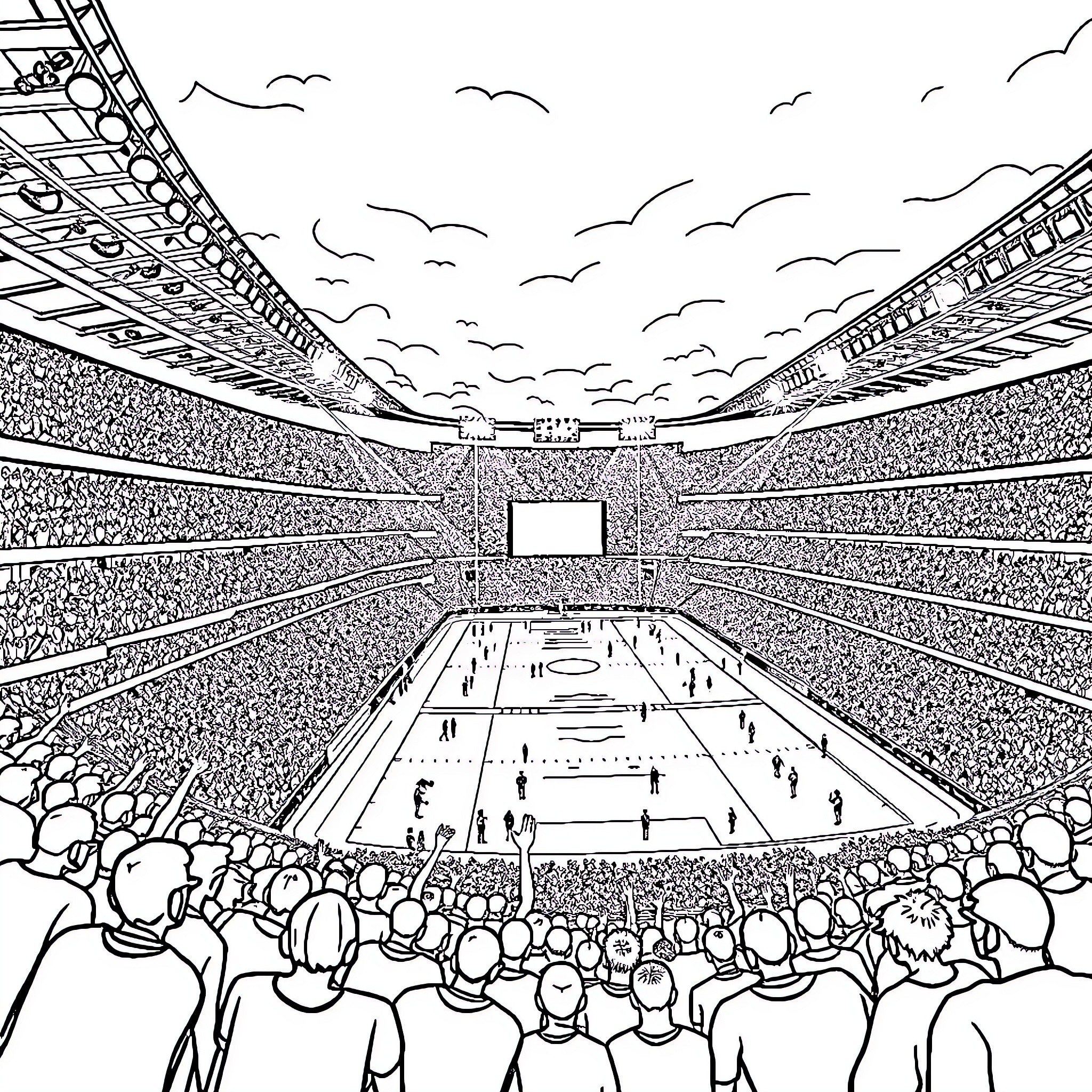 Football Stadium with Excited Fans and Players Coloring Page (free black-and-white line drawing printable PDF for all, from beginners to advanced learners, including children, teens, adults, and seniors)