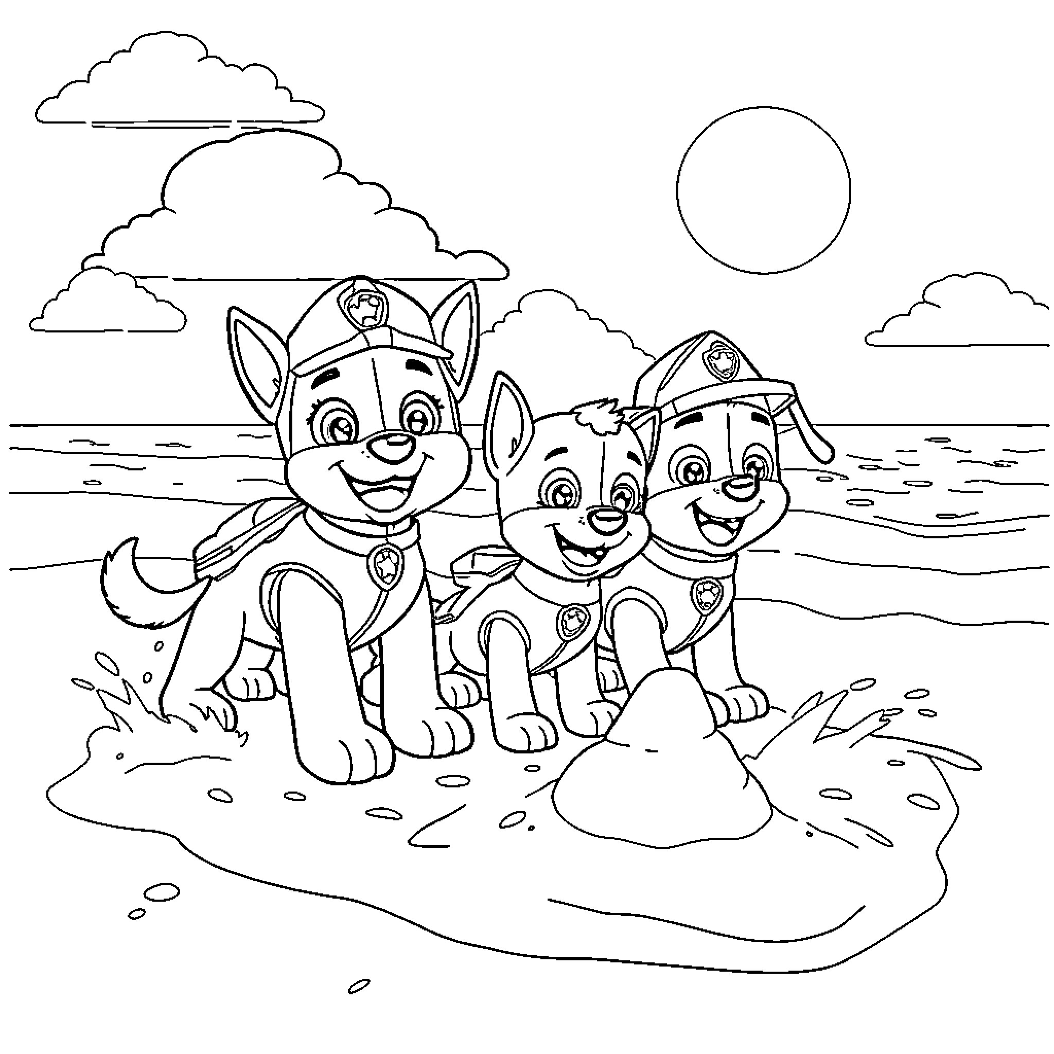 Paw Patrol pups playing on the beach Coloring Page (free black-and-white line drawing printable PDF for all, from beginners to advanced learners, including children, teens, adults, and seniors)
