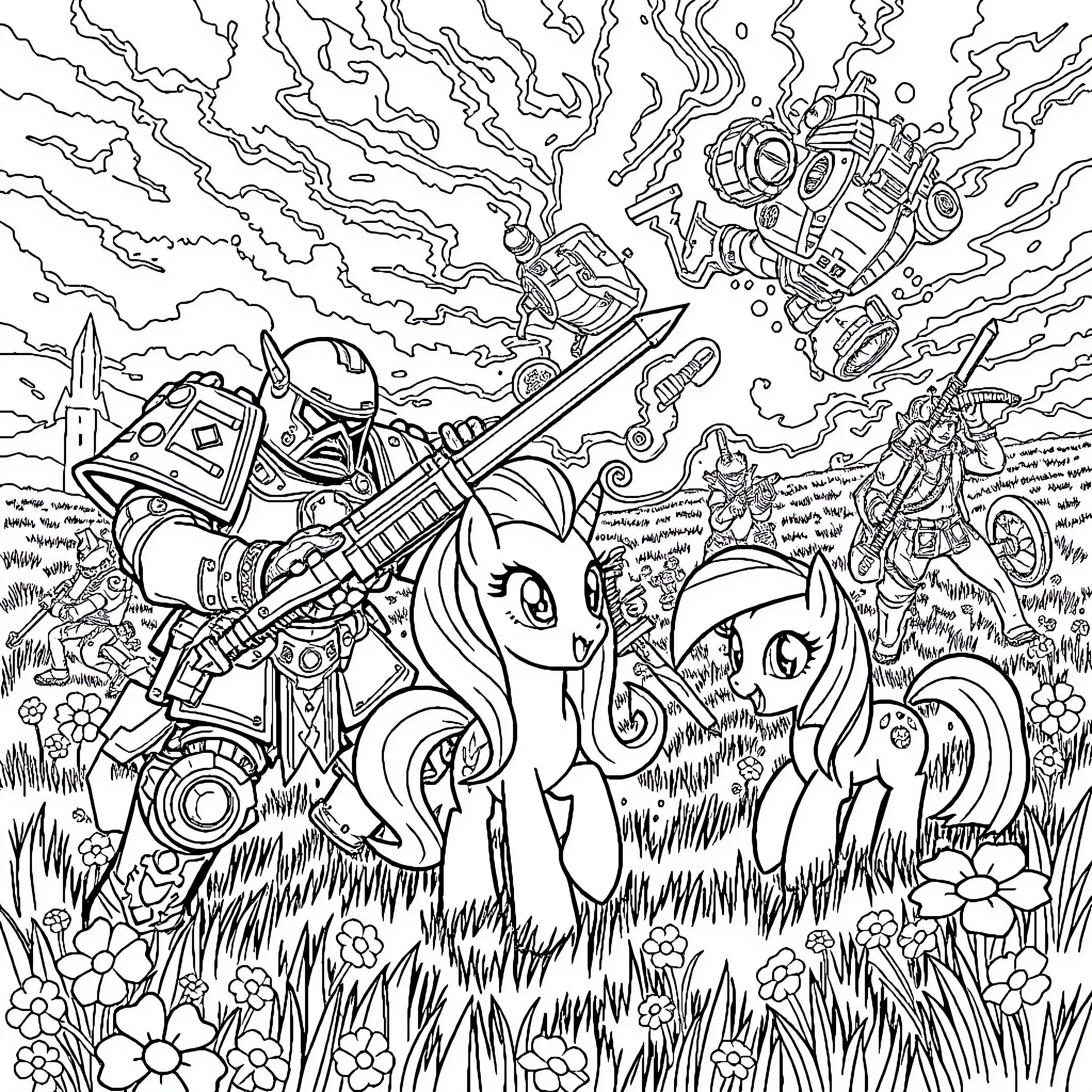 Warhammer 40k heroic figures in a fantastical landscape Coloring Page (free black-and-white line drawing printable PDF for all, from beginners to advanced learners, including children, teens, adults, and seniors)
