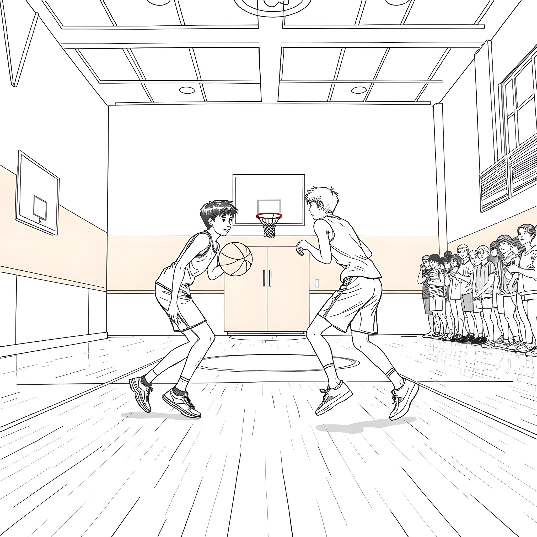 Teen Guys Playing Basketball in Gym Coloring Page (free black-and-white line drawing printable PDF for all, from beginners to advanced learners, including children, teens, adults, and seniors)