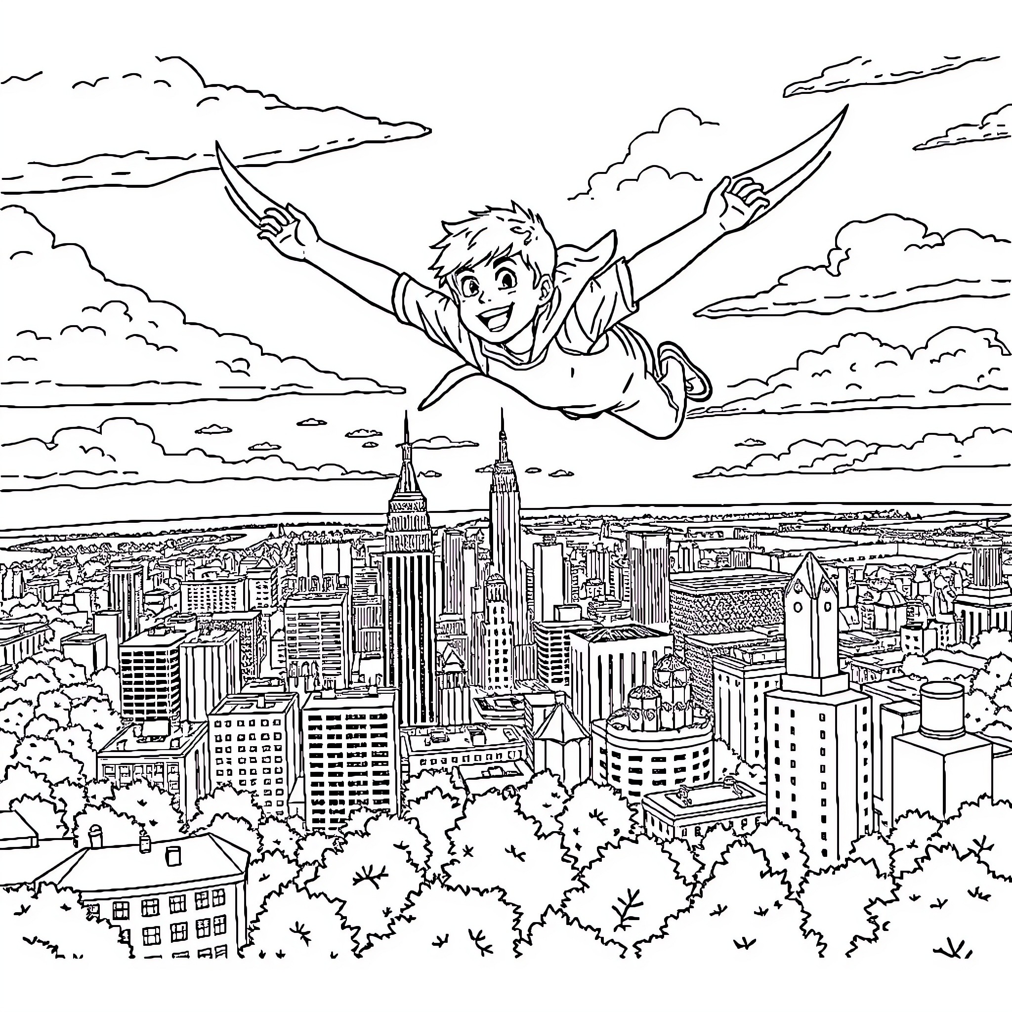 Boy soaring over the city skyline Coloring Page (free black-and-white line drawing printable PDF for all, from beginners to advanced learners, including children, teens, adults, and seniors)