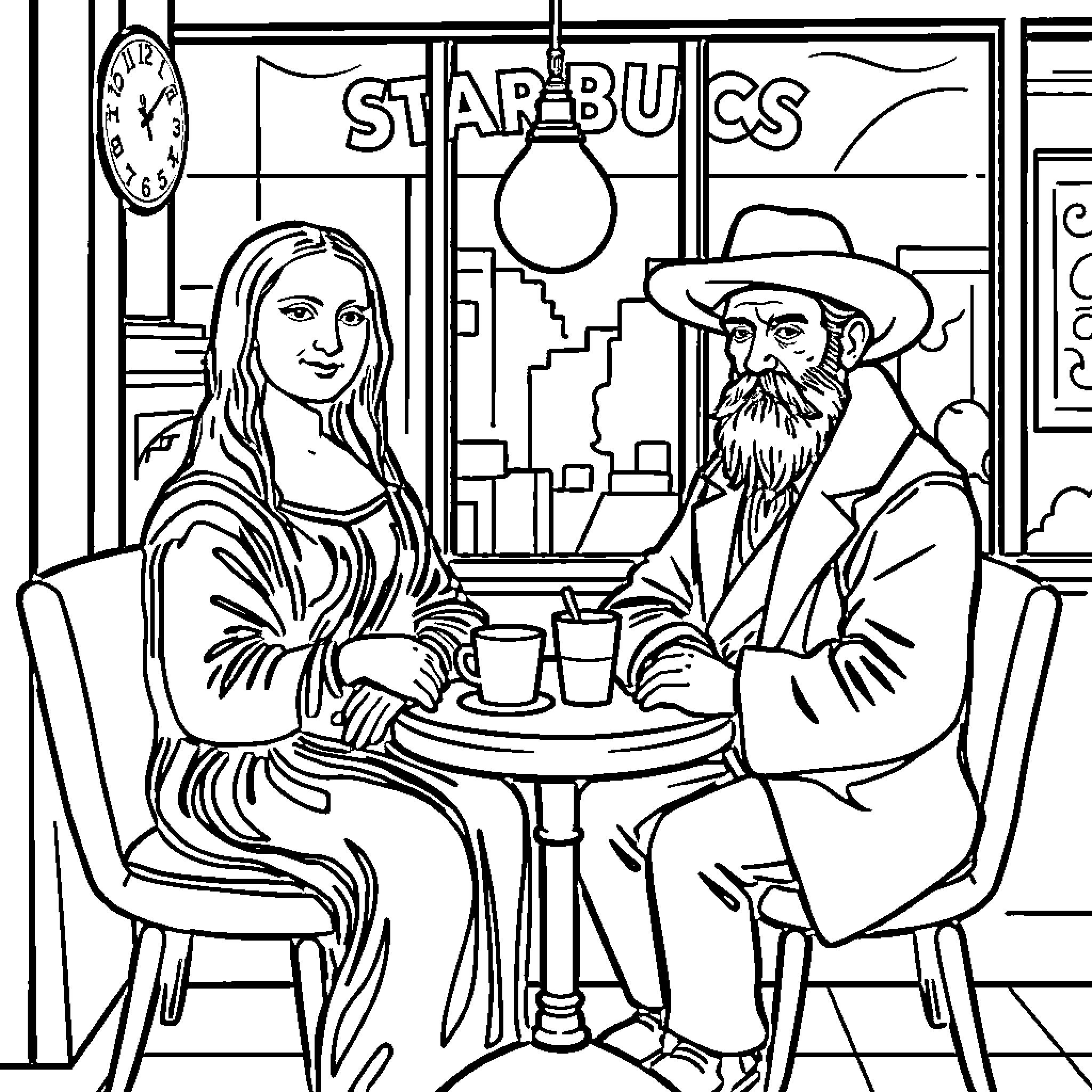 Mona Lisa and Gentleman Enjoying Drinks at Starbucks Coloring Page (free black-and-white line drawing printable PDF for all, from beginners to advanced learners, including children, teens, adults, and seniors)