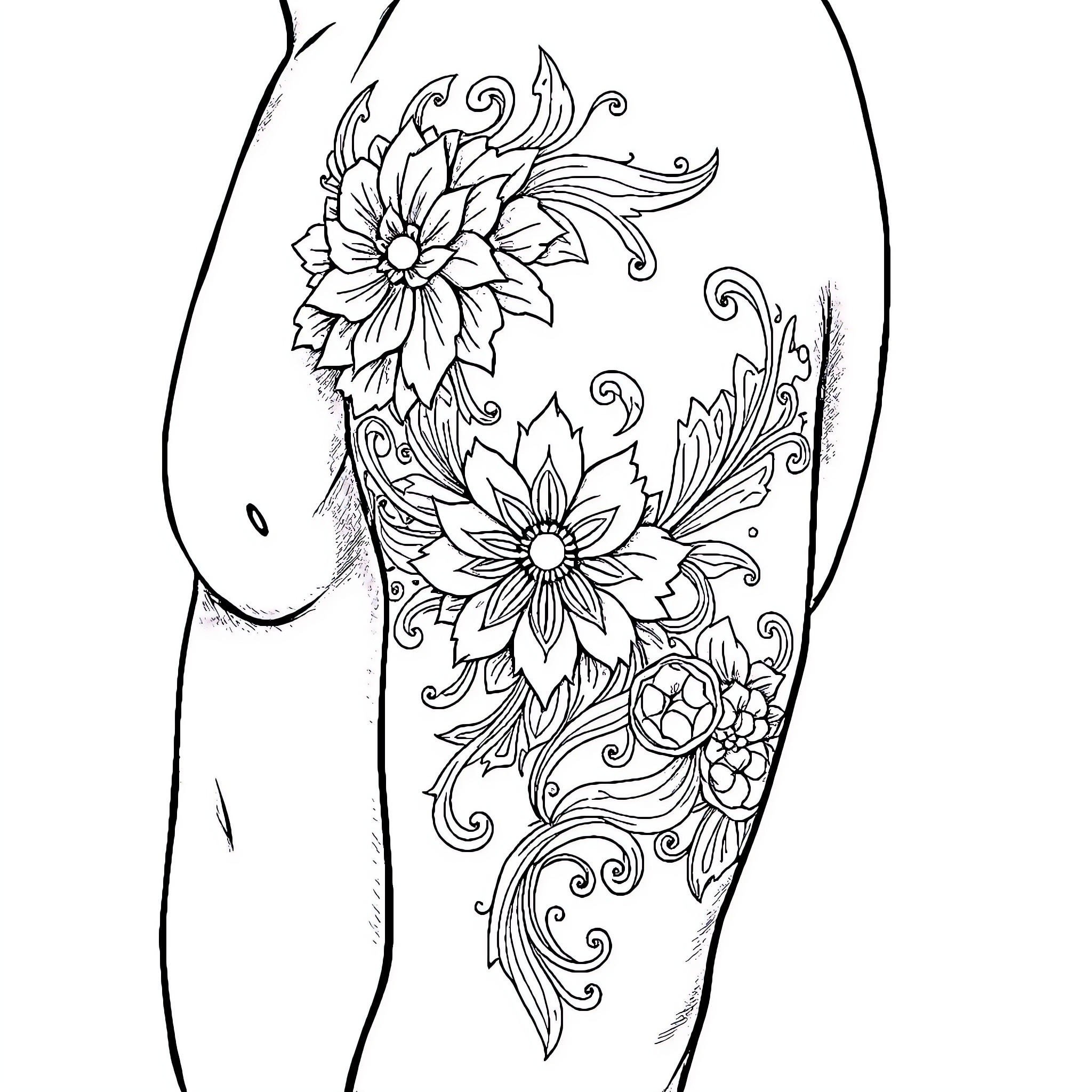 Tattoo depicting ornate floral designs Coloring Page (free black-and-white line drawing printable PDF for all, from beginners to advanced learners, including children, teens, adults, and seniors)