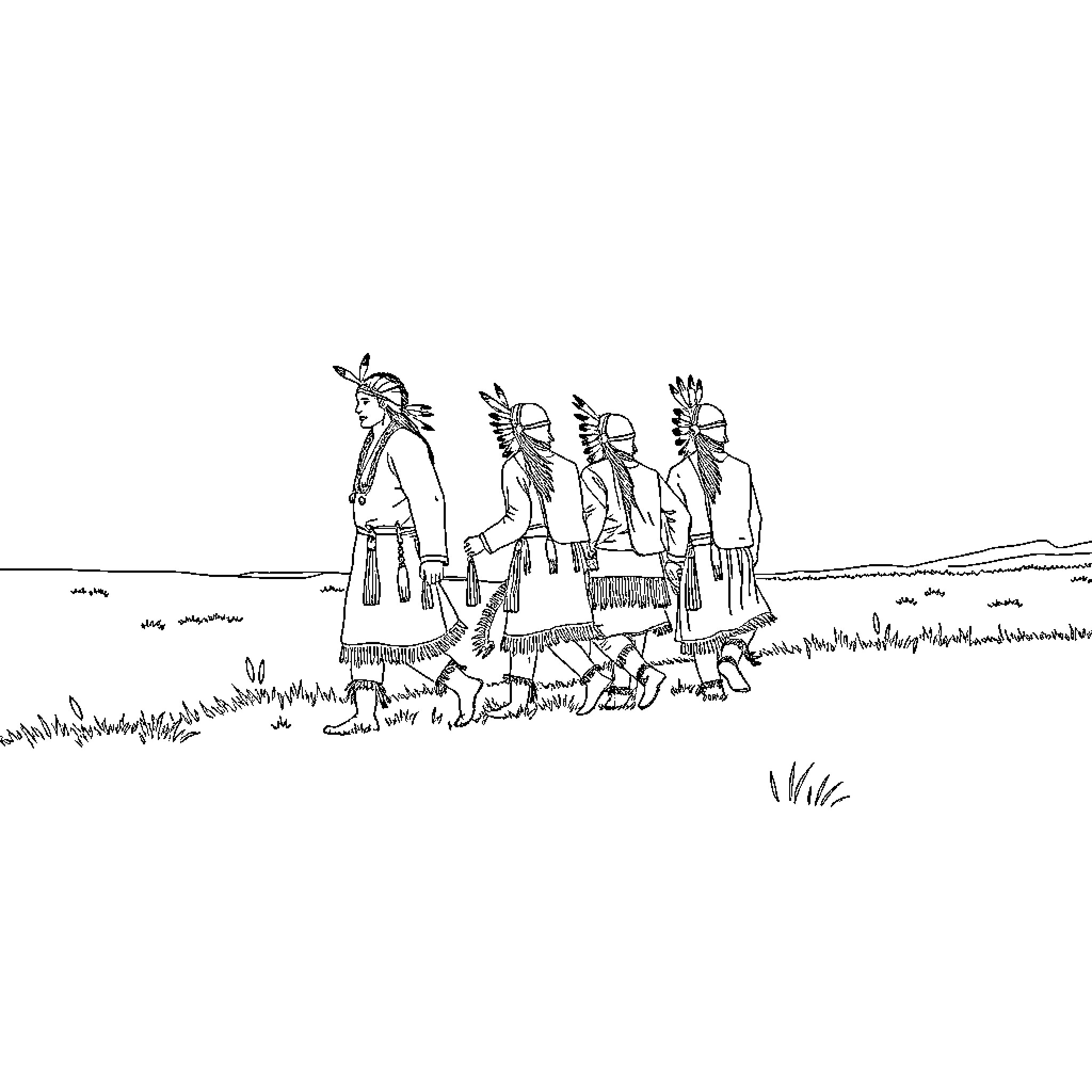 Native American Tribal Gathering in Outdoor Setting Coloring Page (free black-and-white line drawing printable PDF for all, from beginners to advanced learners, including children, teens, adults, and seniors)