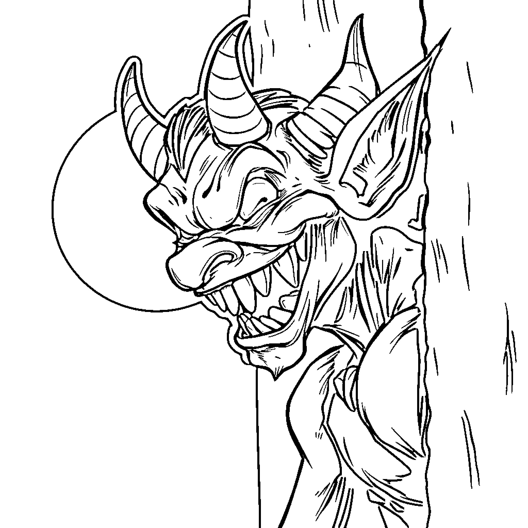 Devil's Menacing Grin in the Shadows Coloring Page (free black-and-white line drawing printable PDF for all, from beginners to advanced learners, including children, teens, adults, and seniors)