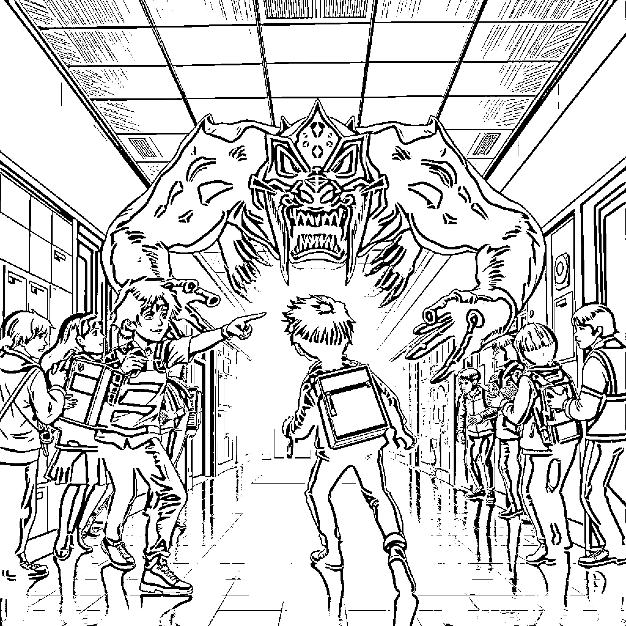 Stranger Things: Demogorgon Stalks School Hallway Coloring Page (free black-and-white line drawing printable PDF for all, from beginners to advanced learners, including children, teens, adults, and seniors)