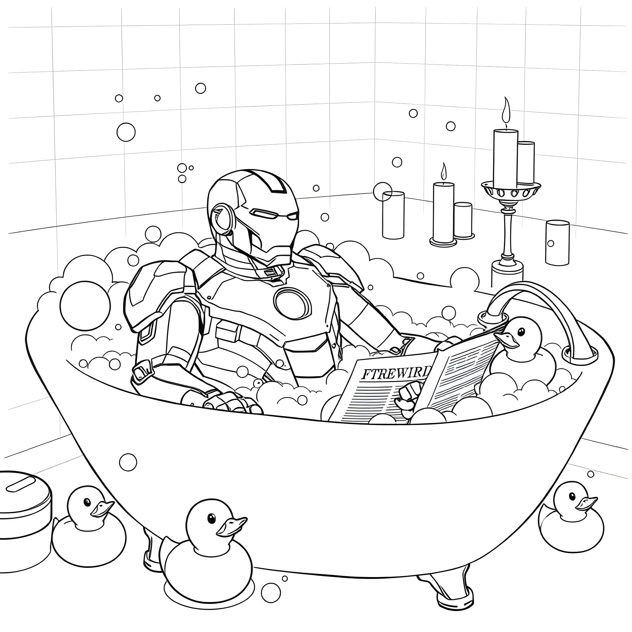 Iron Man Relaxing in a Bubble Bath Coloring Page (free black-and-white line drawing printable PDF for all, from beginners to advanced learners, including children, teens, adults, and seniors)