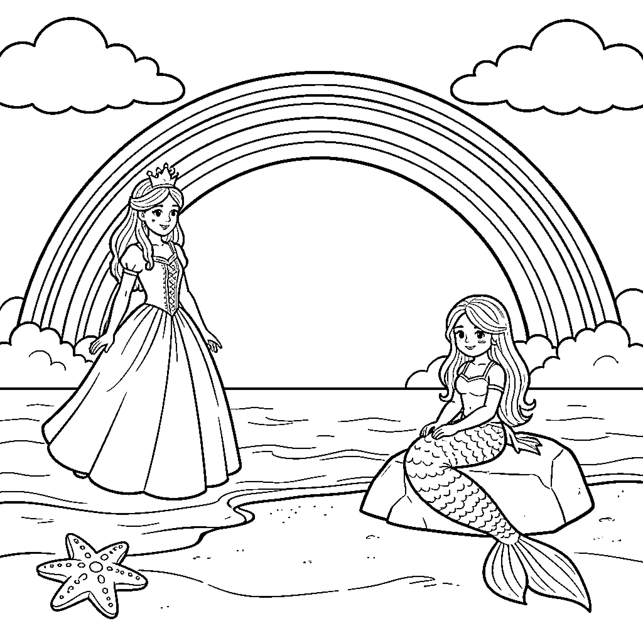 Princess meeting a mermaid under a large rainbow Coloring Page (free black-and-white line drawing printable PDF for all, from beginners to advanced learners, including children, teens, adults, and seniors)