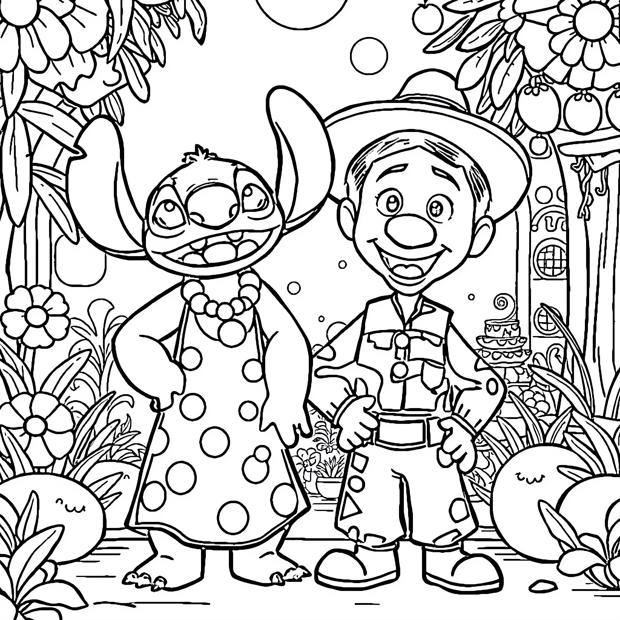 Lilo and Stitch's Adventurous Encounter Coloring Page (free black-and-white line drawing printable PDF for all, from beginners to advanced learners, including children, teens, adults, and seniors)