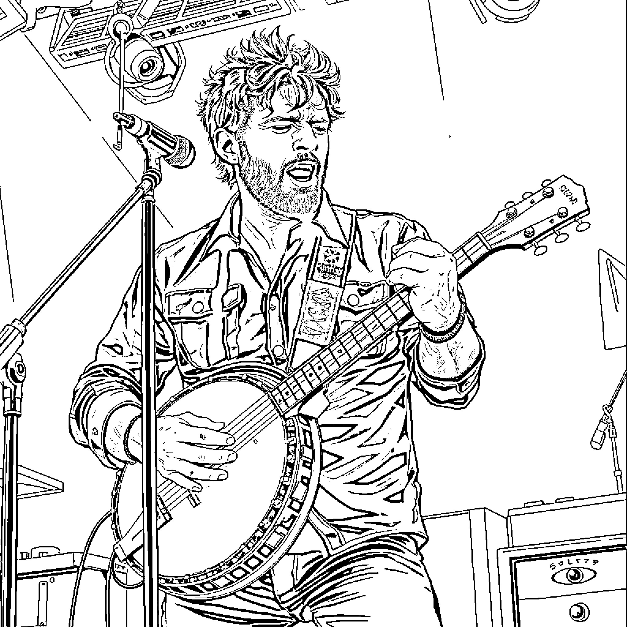 Nate Jespersen playing the banjo on stage Coloring Page (free black-and-white line drawing printable PDF for all, from beginners to advanced learners, including children, teens, adults, and seniors)