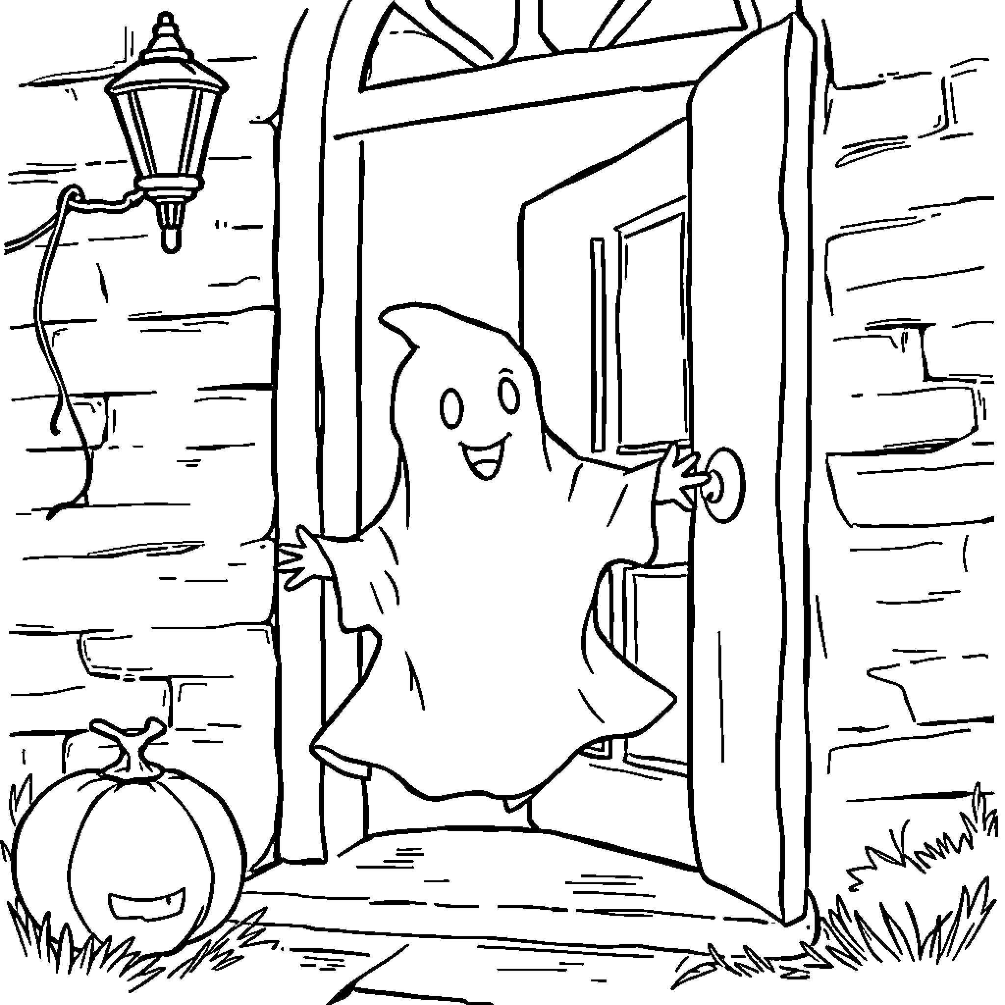 Ghost happily trick-or-treating on Halloween night Coloring Page (free black-and-white line drawing printable PDF for all, from beginners to advanced learners, including children, teens, adults, and seniors)