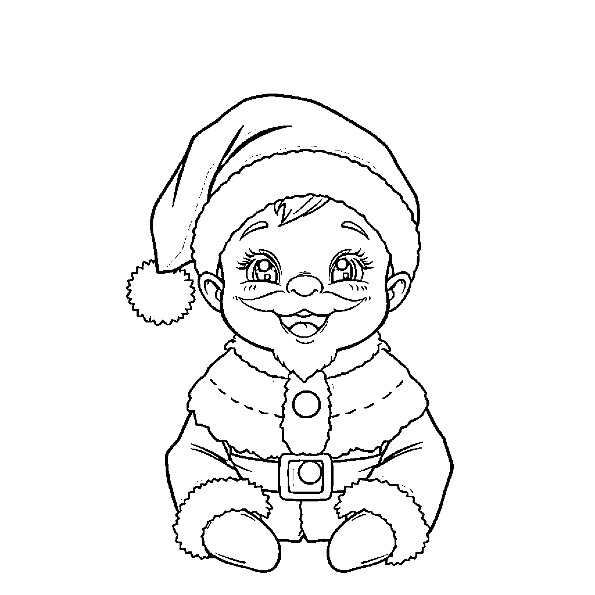 Santa Claus Elf in Festive Outfit Coloring Page (free black-and-white line drawing printable PDF for all, from beginners to advanced learners, including children, teens, adults, and seniors)