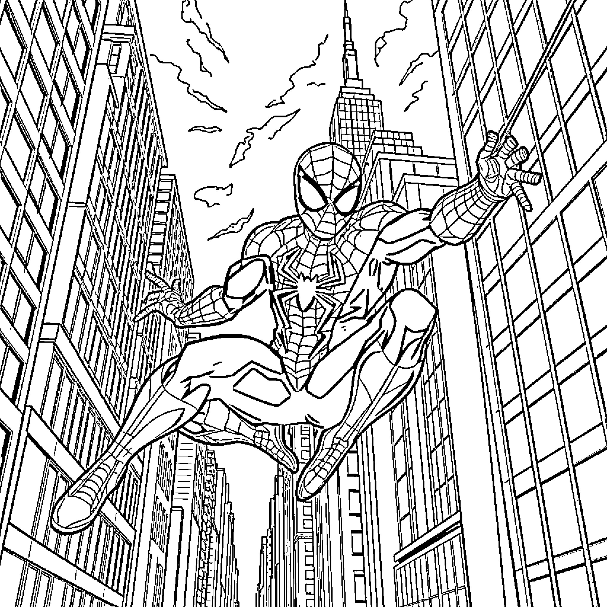 Spider-Man swinging through the cityscape Coloring Page (free black-and-white line drawing printable PDF for all, from beginners to advanced learners, including children, teens, adults, and seniors)
