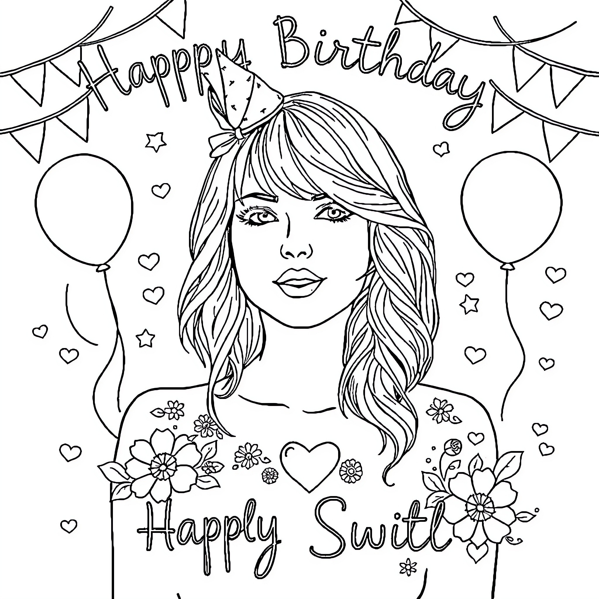 Taylor Swift's Festive Birthday Celebration Coloring Page (free black-and-white line drawing printable PDF for all, from beginners to advanced learners, including children, teens, adults, and seniors)