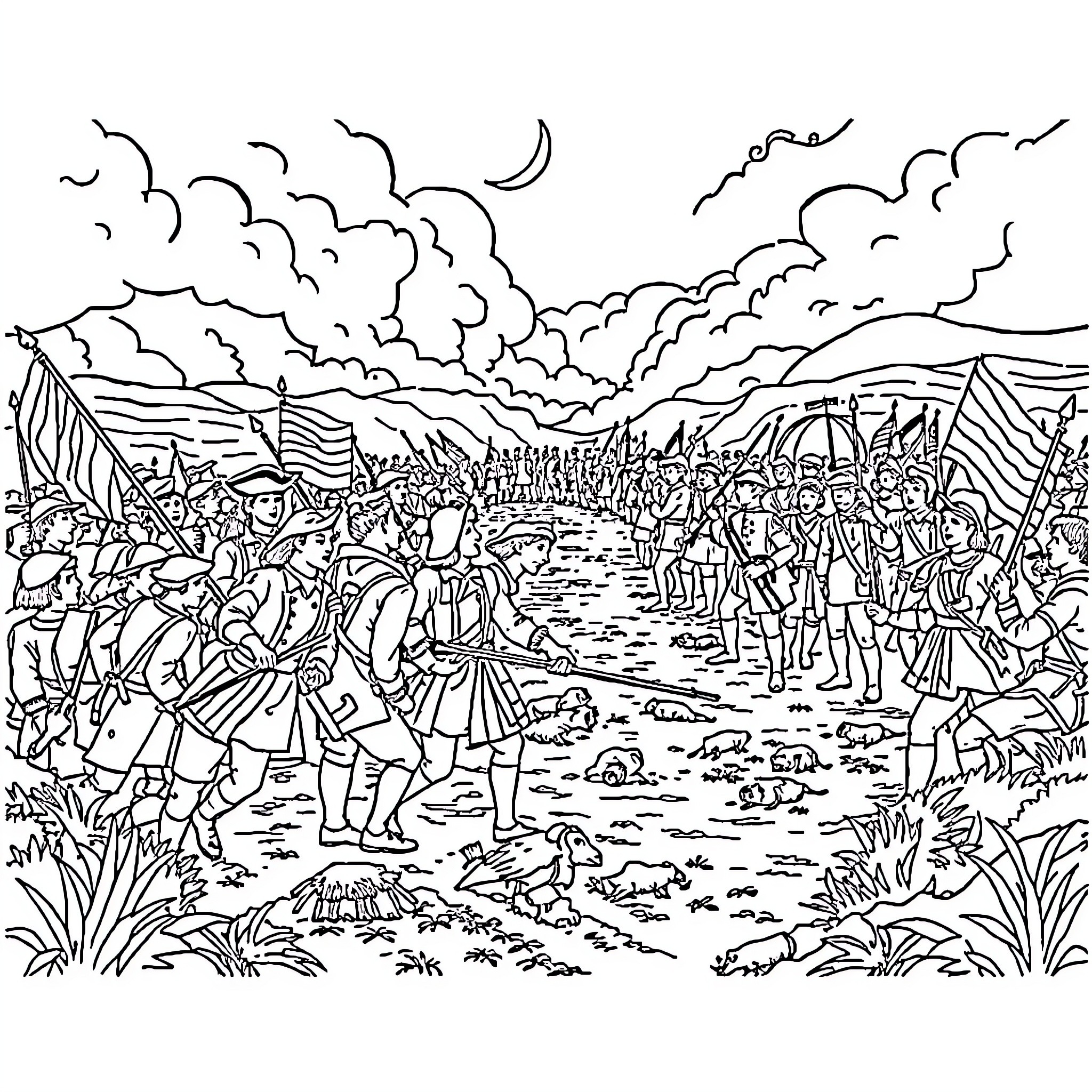 Revolutionary War: Soldiers Marching into Battle Coloring Page (free black-and-white line drawing printable PDF for all, from beginners to advanced learners, including children, teens, adults, and seniors)