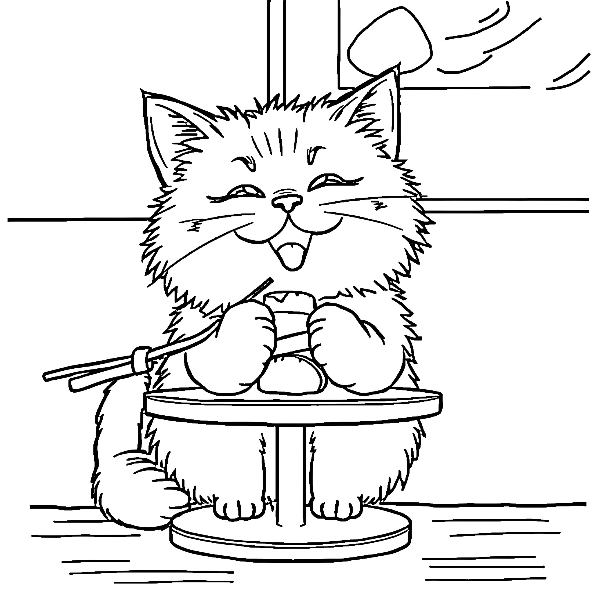 Cat enjoying a tasty treat Coloring Page (free black-and-white line drawing printable PDF for all, from beginners to advanced learners, including children, teens, adults, and seniors)