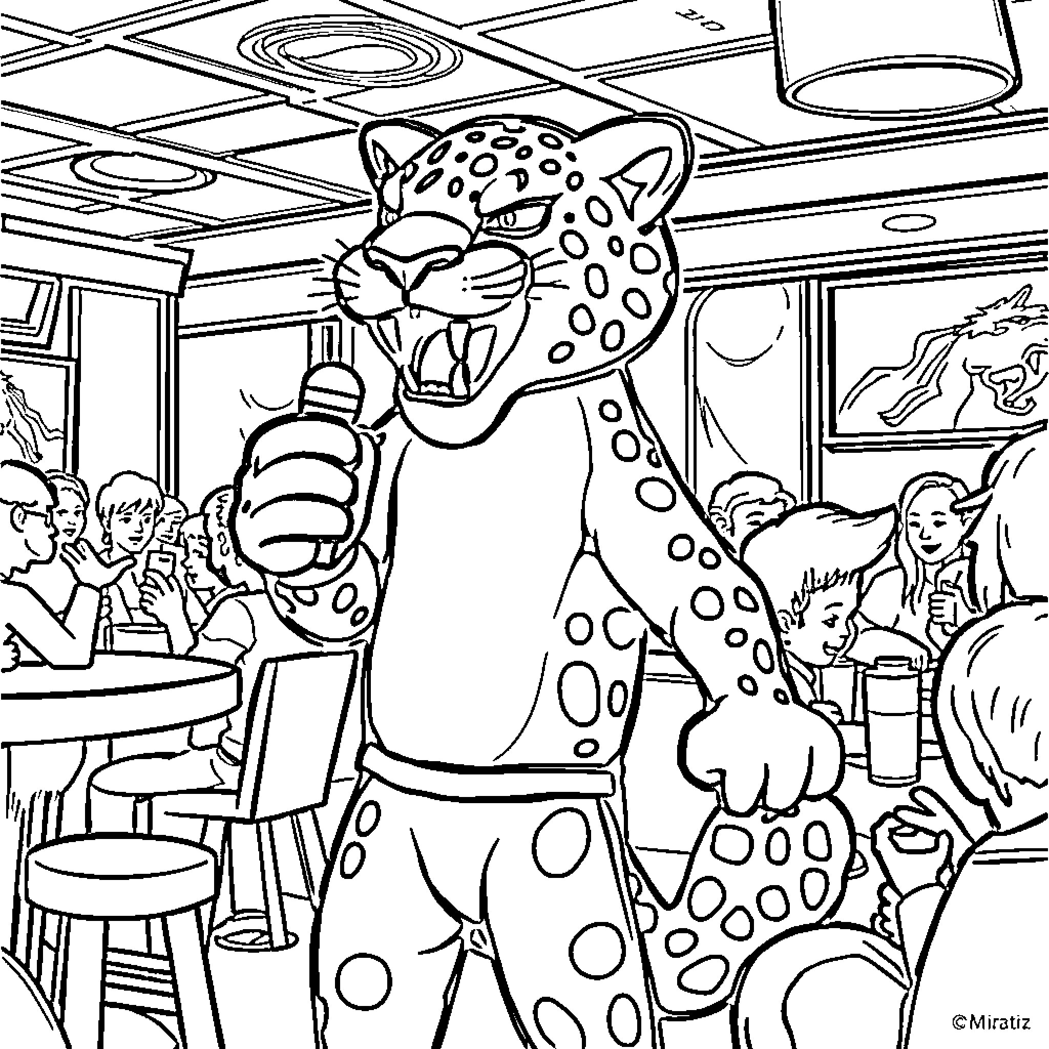 Jaguar performing for the crowd in a restaurant Coloring Page (free black-and-white line drawing printable PDF for all, from beginners to advanced learners, including children, teens, adults, and seniors)