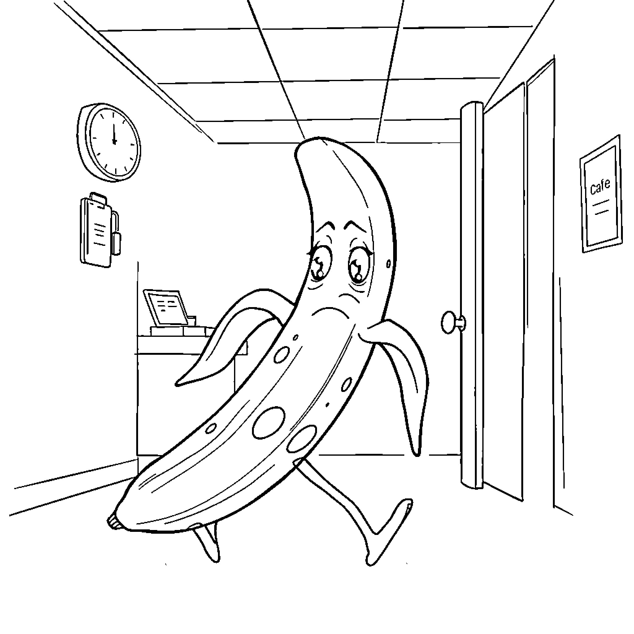 Banana feeling sad in a room Coloring Page (free black-and-white line drawing printable PDF for all, from beginners to advanced learners, including children, teens, adults, and seniors)