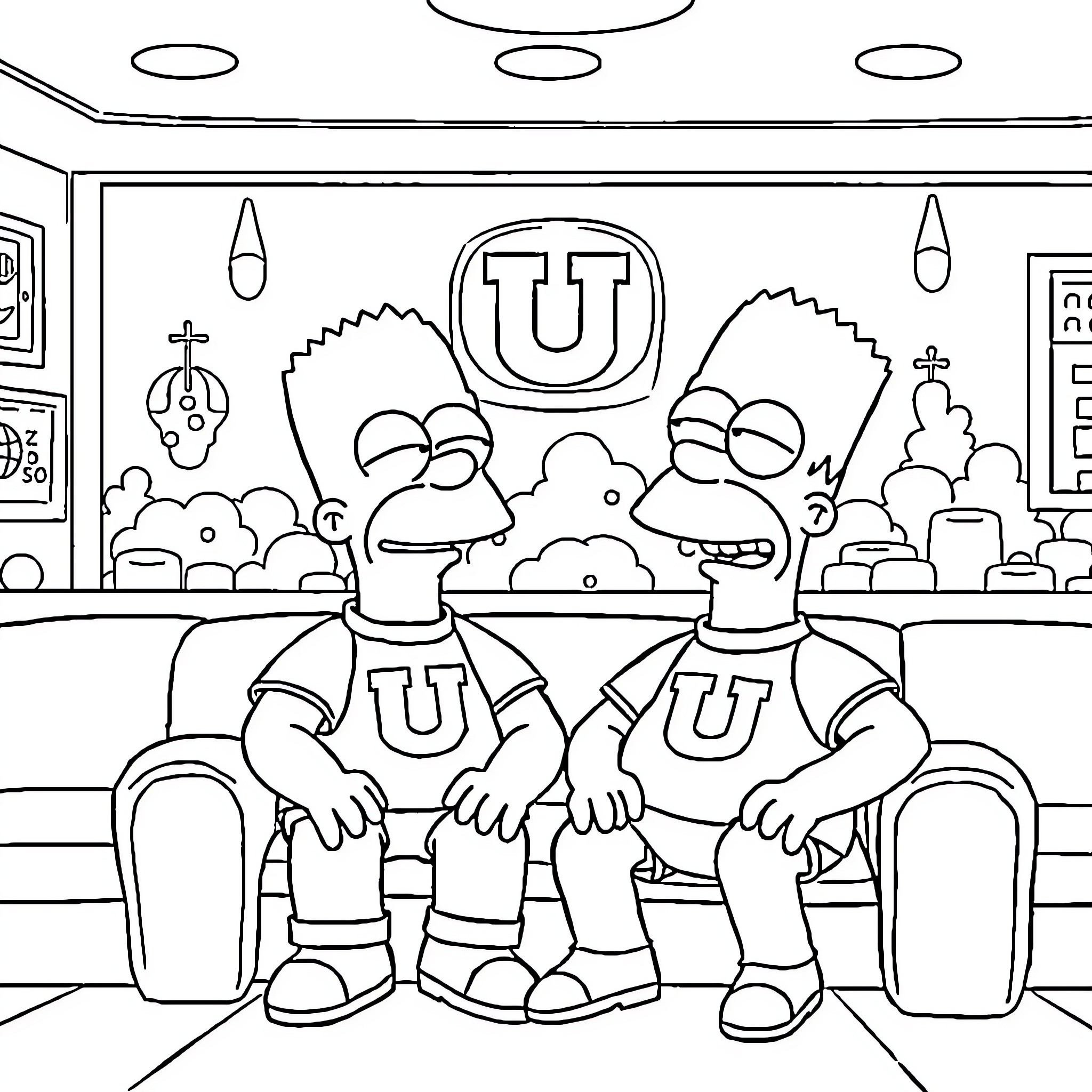 Los Simpsons characters relaxing in a sports lounge Coloring Page (free black-and-white line drawing printable PDF for all, from beginners to advanced learners, including children, teens, adults, and seniors)