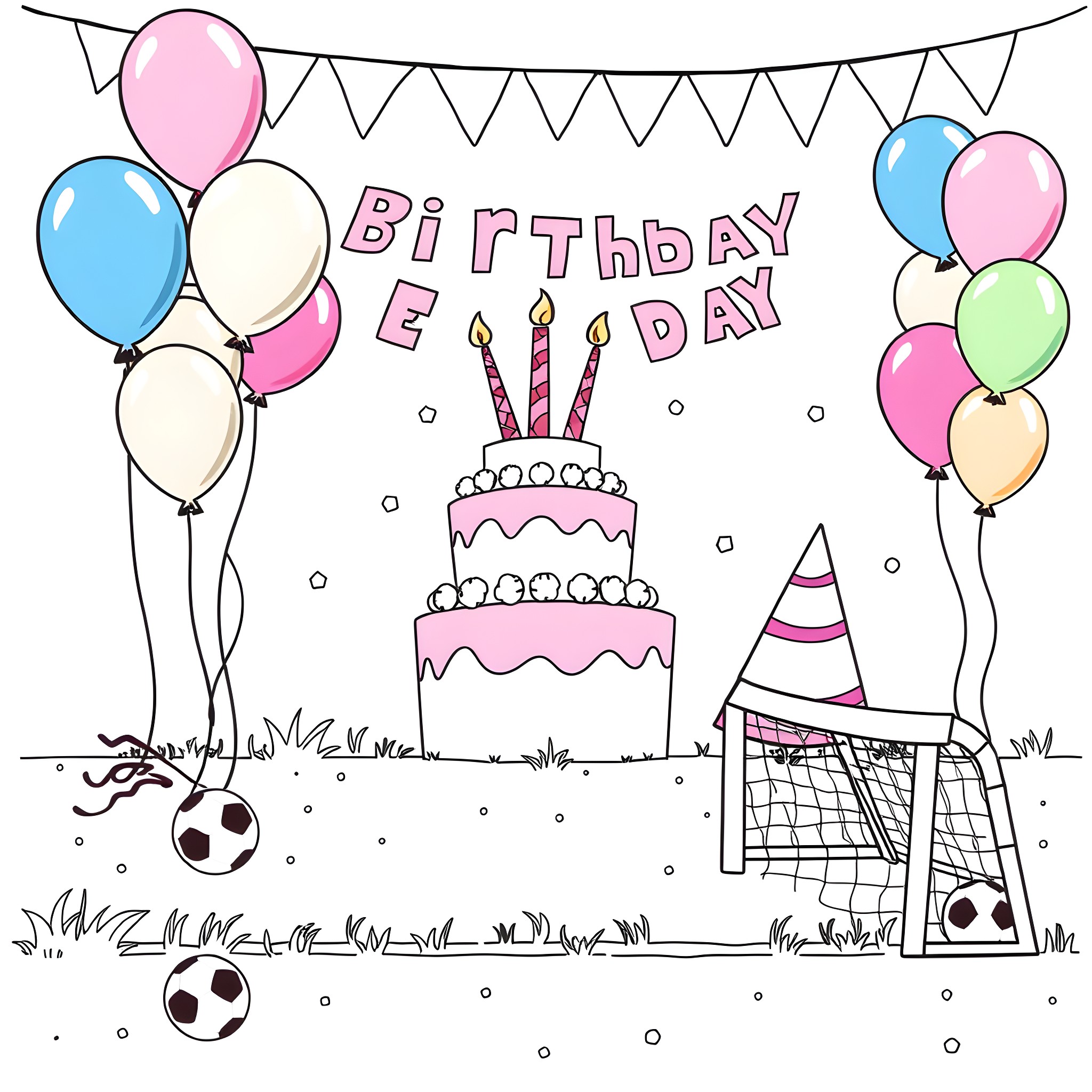 Barbie's birthday party with balloons and cake Coloring Page (free black-and-white line drawing printable PDF for all, from beginners to advanced learners, including children, teens, adults, and seniors)