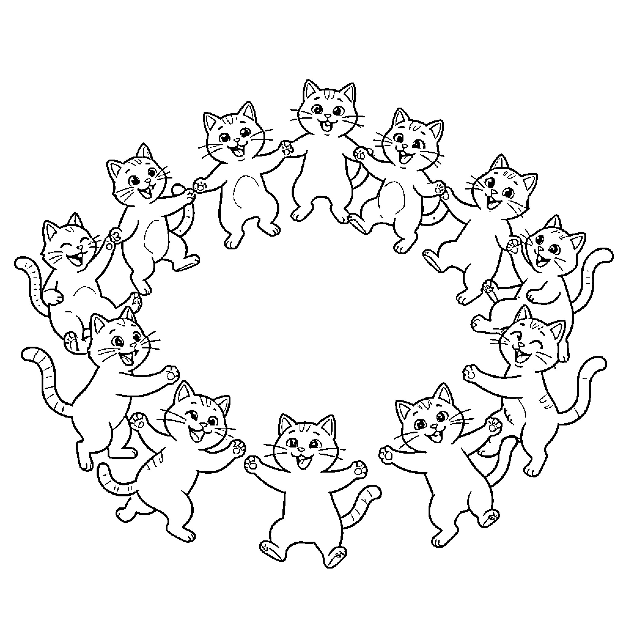 Cat friends dancing and playing together in a circle Coloring Page (free black-and-white line drawing printable PDF for all, from beginners to advanced learners, including children, teens, adults, and seniors)