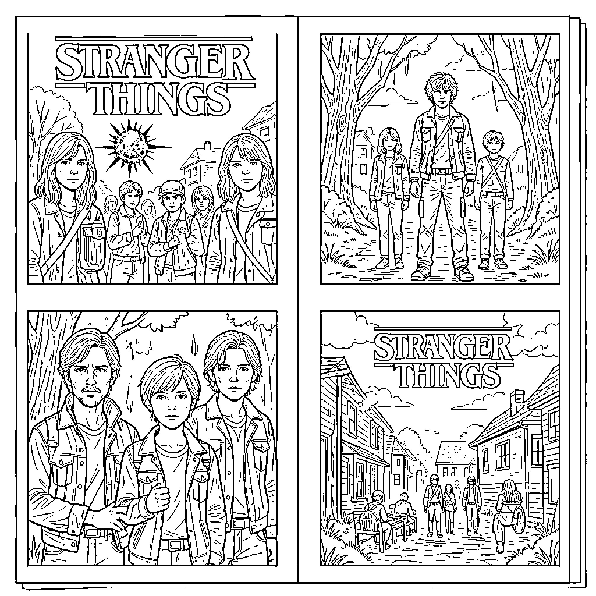Stranger Things: Characters in Action and Adventure Coloring Page (free black-and-white line drawing printable PDF for all, from beginners to advanced learners, including children, teens, adults, and seniors)