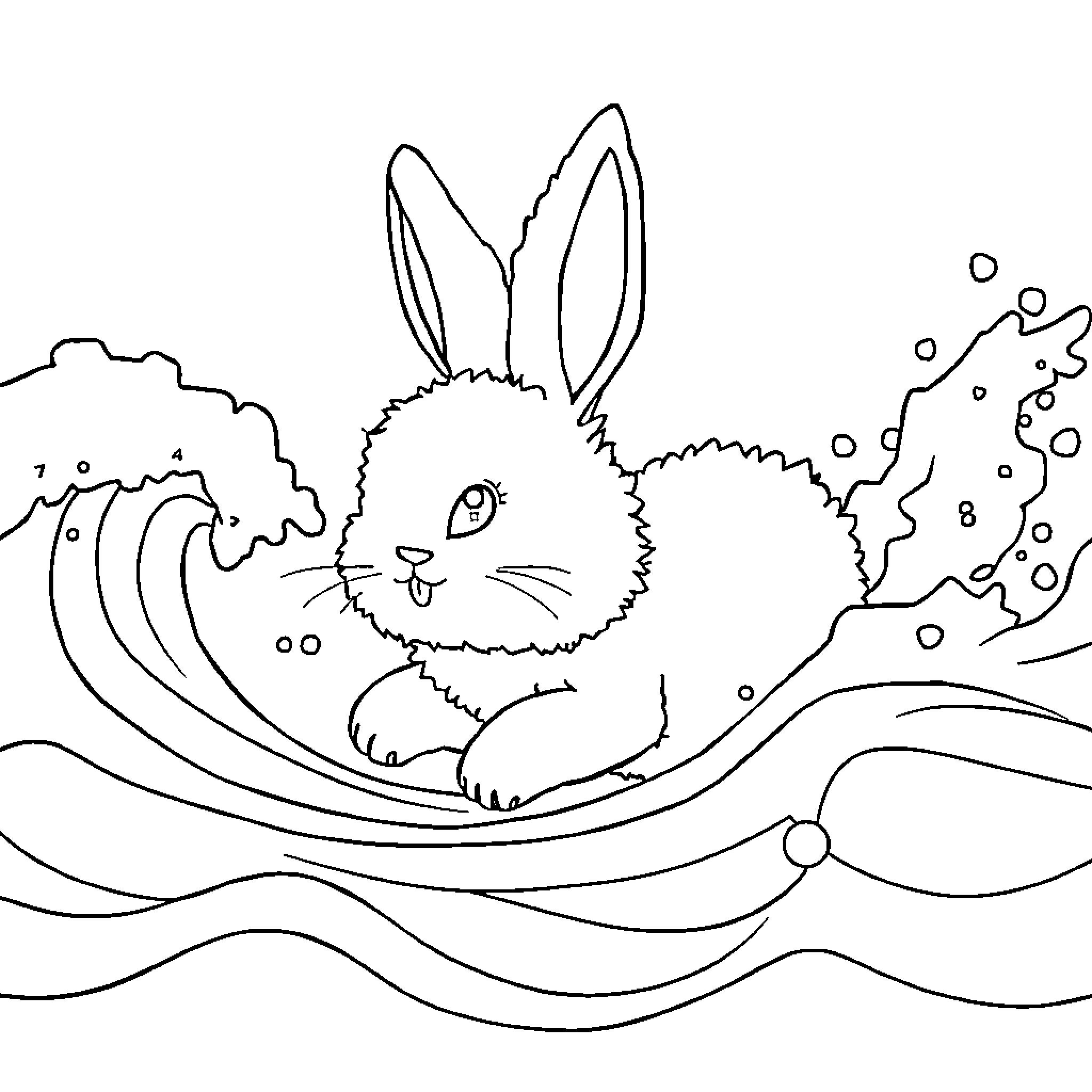 Bunny swimming happily in wavy waters Coloring Page (free black-and-white line drawing printable PDF for all, from beginners to advanced learners, including children, teens, adults, and seniors)